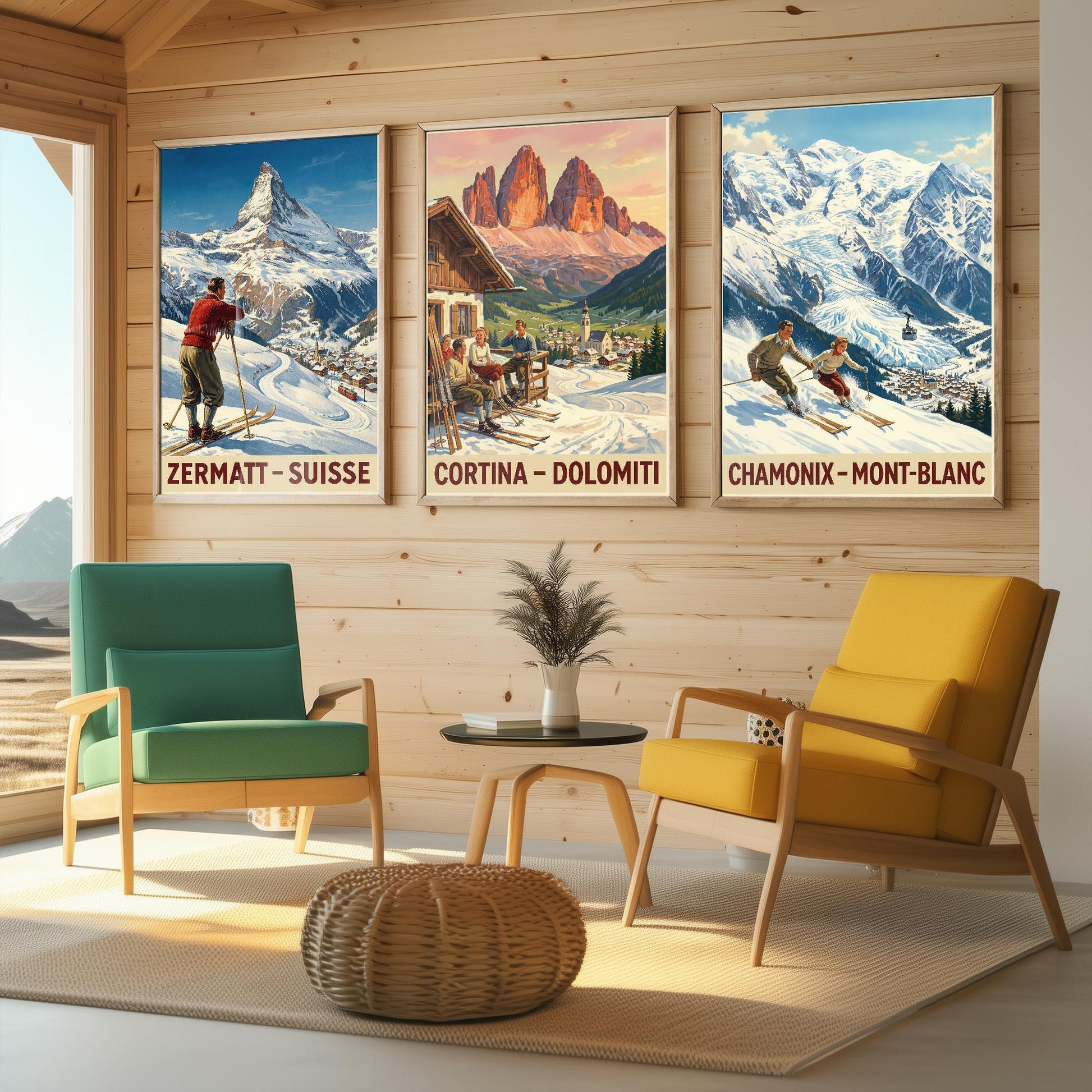 Vintage Alpine Skiing Posters - Zermatt, Cortina D'Ampezzo, Charmonix Art Prints - 3 Winter Painting, Set of Three Ski Gift Mont Blanc