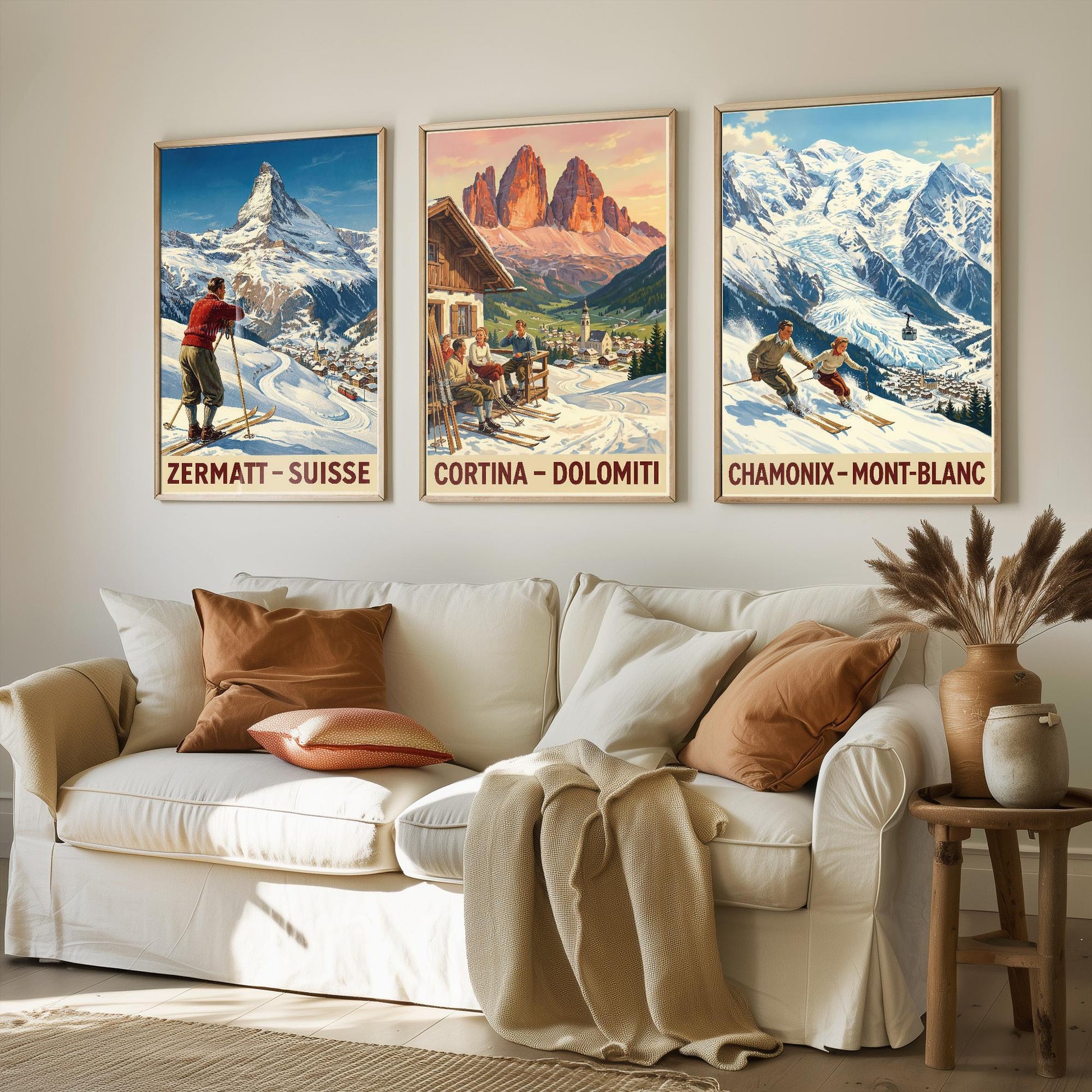 Vintage Alpine Skiing Posters - Zermatt, Cortina D'Ampezzo, Charmonix Art Prints - 3 Winter Painting, Set of Three Ski Gift Mont Blanc
