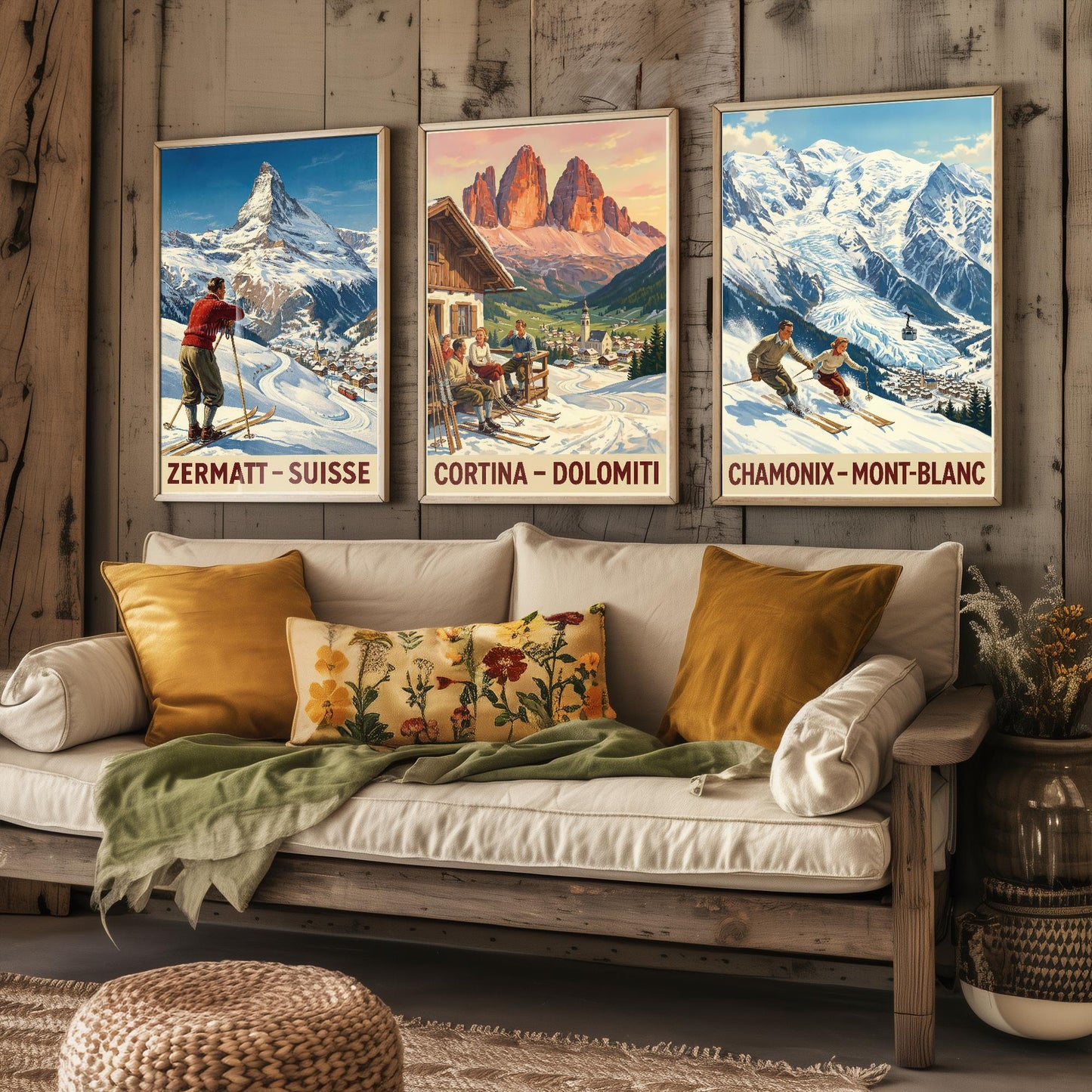 Vintage Alpine Skiing Posters - Zermatt, Cortina D'Ampezzo, Charmonix Art Prints - 3 Winter Painting, Set of Three Ski Gift Mont Blanc