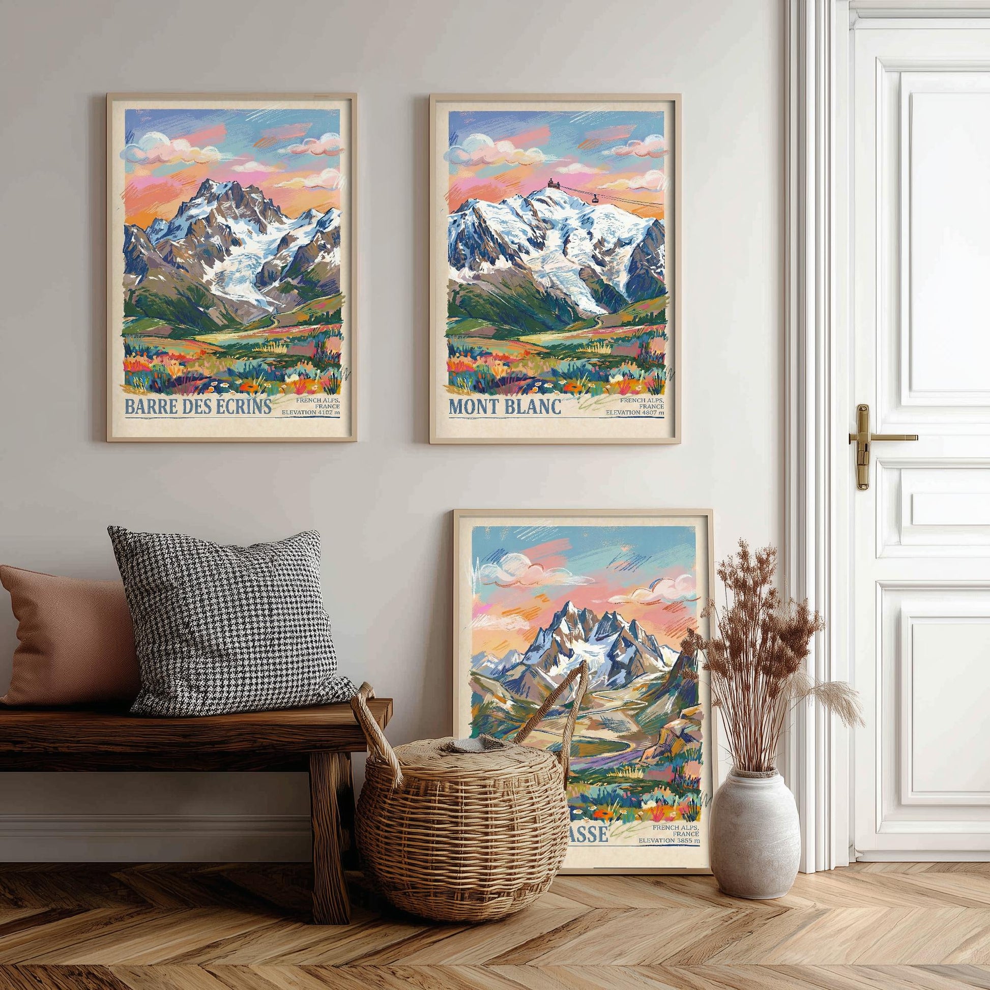 The Three Peaks of France Travel Posters - Barre Des Ecrins, Mont Blanc, Grande Casse - 3 Mountain Art Prints - Painting Illustration Gift