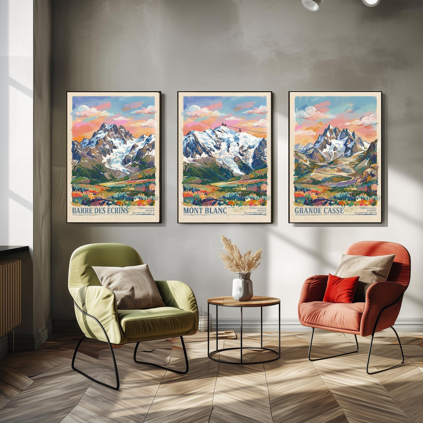 The Three Peaks of France Travel Posters - Barre Des Ecrins, Mont Blanc, Grande Casse - 3 Mountain Art Prints - Painting Illustration Gift