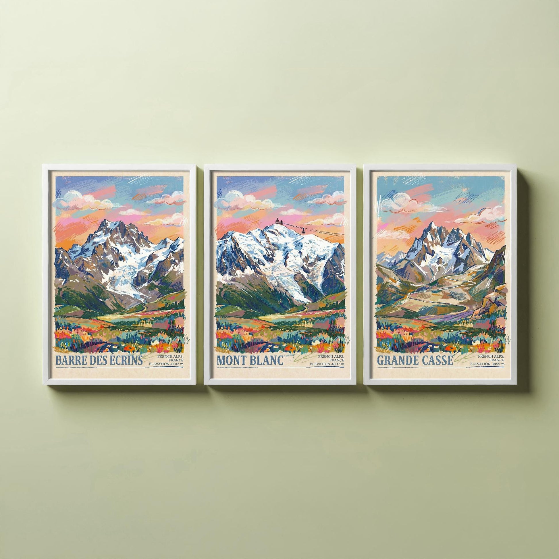 The Three Peaks of France Travel Posters - Barre Des Ecrins, Mont Blanc, Grande Casse - 3 Mountain Art Prints - Painting Illustration Gift