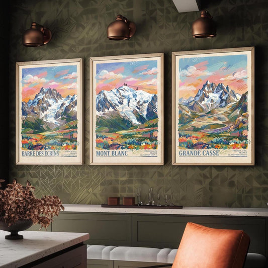 The Three Peaks of France Travel Posters - Barre Des Ecrins, Mont Blanc, Grande Casse - 3 Mountain Art Prints - Painting Illustration Gift