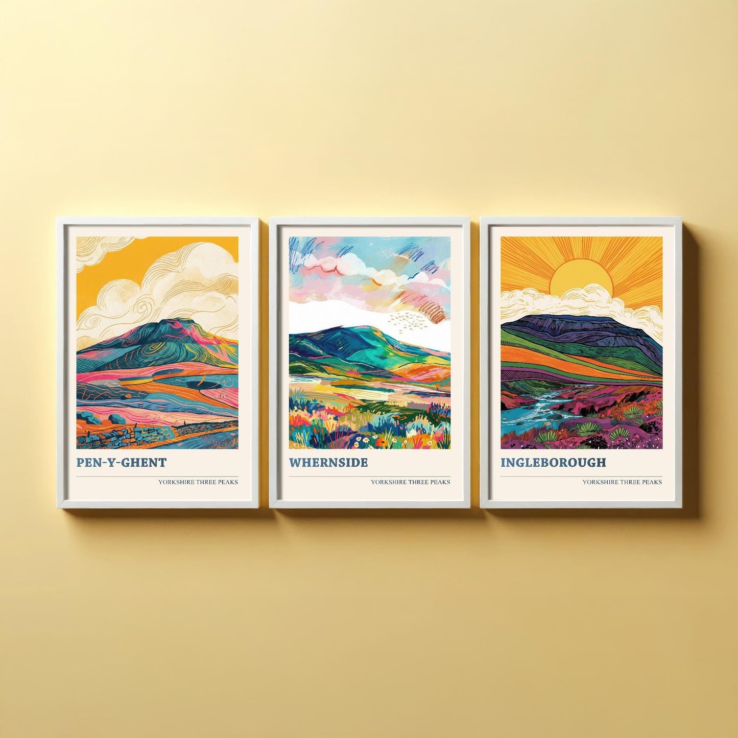 The Yorkshire Three Peaks Challenge - Set of Three Art Print Posters - Ingleborough, Pen-y-Ghent and Whernside - 3 Original Vibrant V2