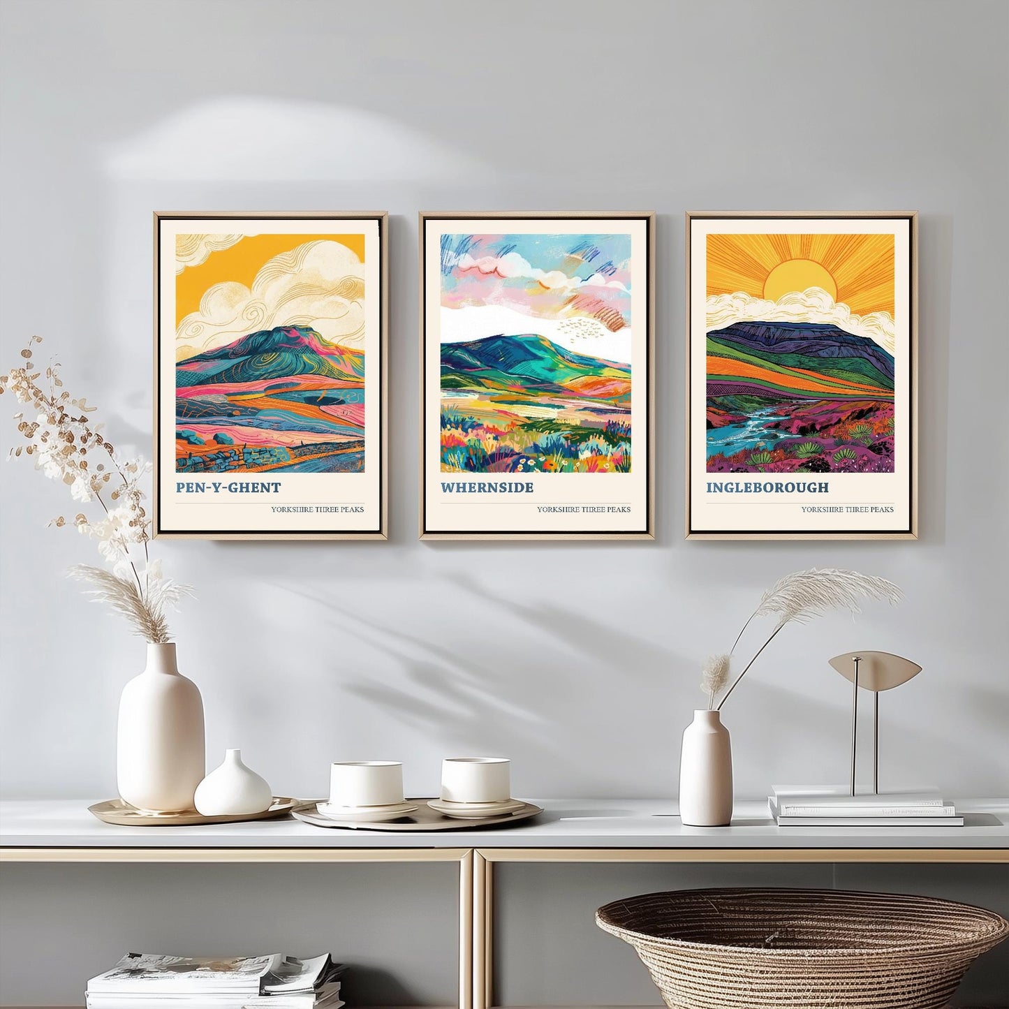 The Yorkshire Three Peaks Challenge - Set of Three Art Print Posters - Ingleborough, Pen-y-Ghent and Whernside - 3 Original Vibrant V2