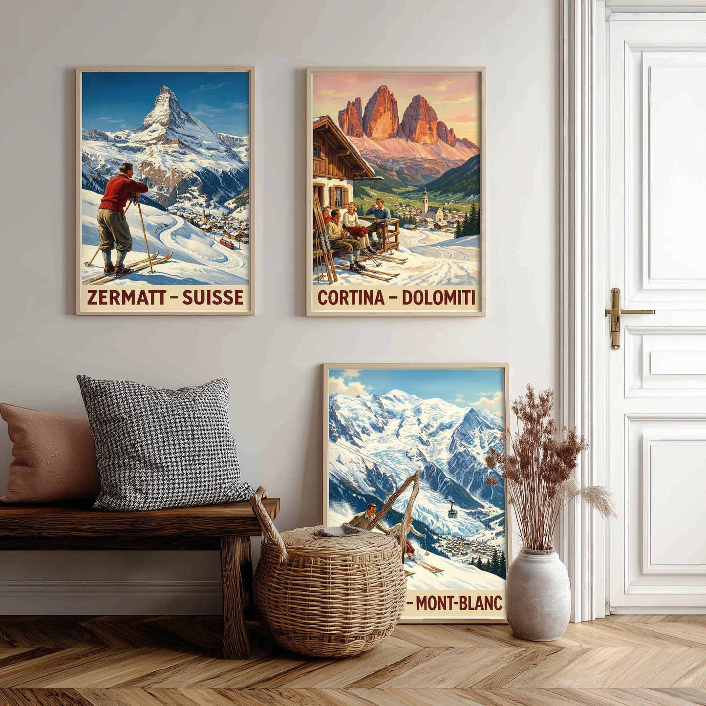 Vintage Alpine Skiing Posters - Zermatt, Cortina D'Ampezzo, Charmonix Art Prints - 3 Winter Painting, Set of Three Ski Gift Mont Blanc