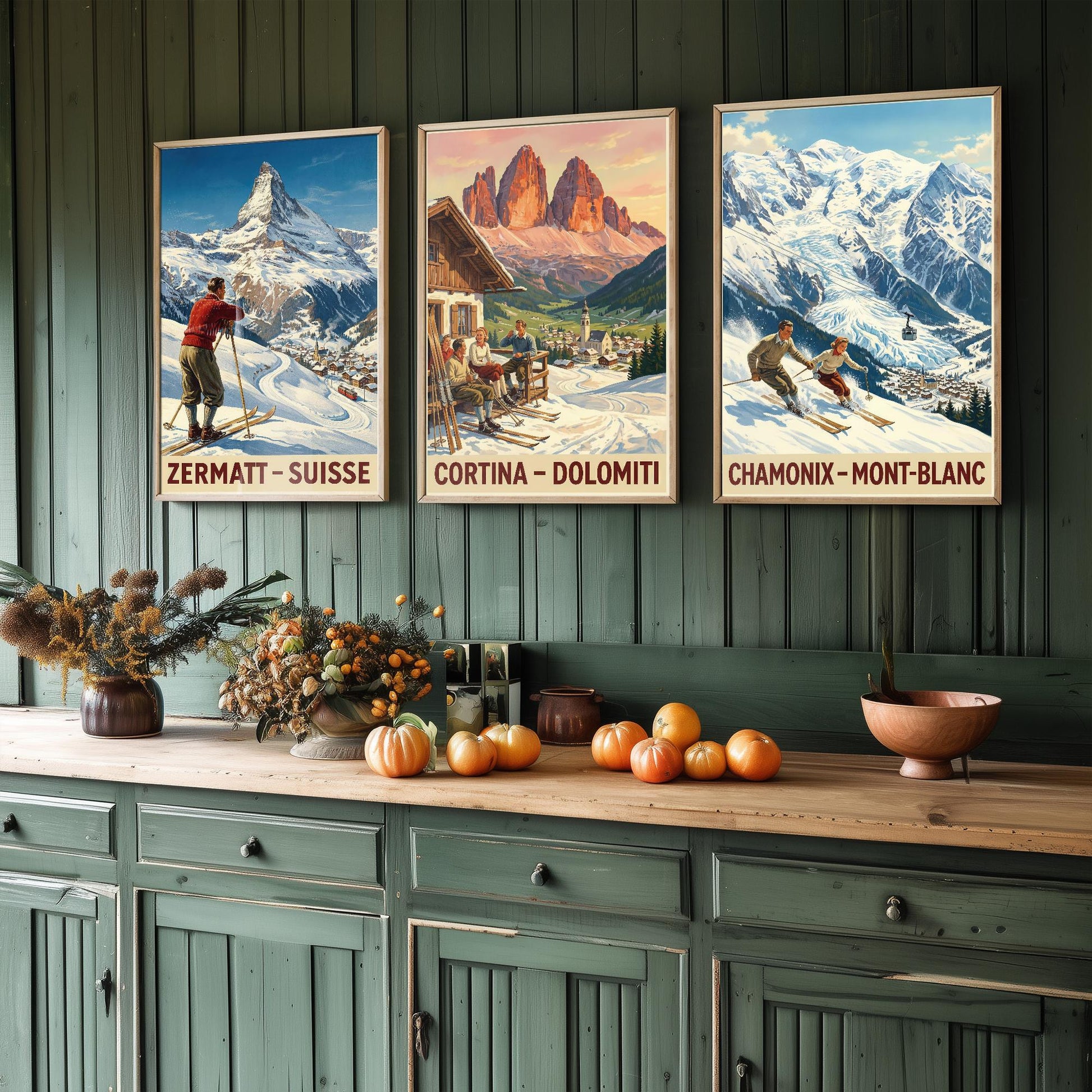 Vintage Alpine Skiing Posters - Zermatt, Cortina D'Ampezzo, Charmonix Art Prints - 3 Winter Painting, Set of Three Ski Gift Mont Blanc
