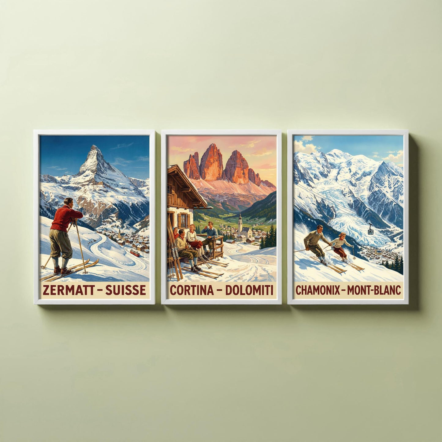 Vintage Alpine Skiing Posters - Zermatt, Cortina D'Ampezzo, Charmonix Art Prints - 3 Winter Painting, Set of Three Ski Gift Mont Blanc