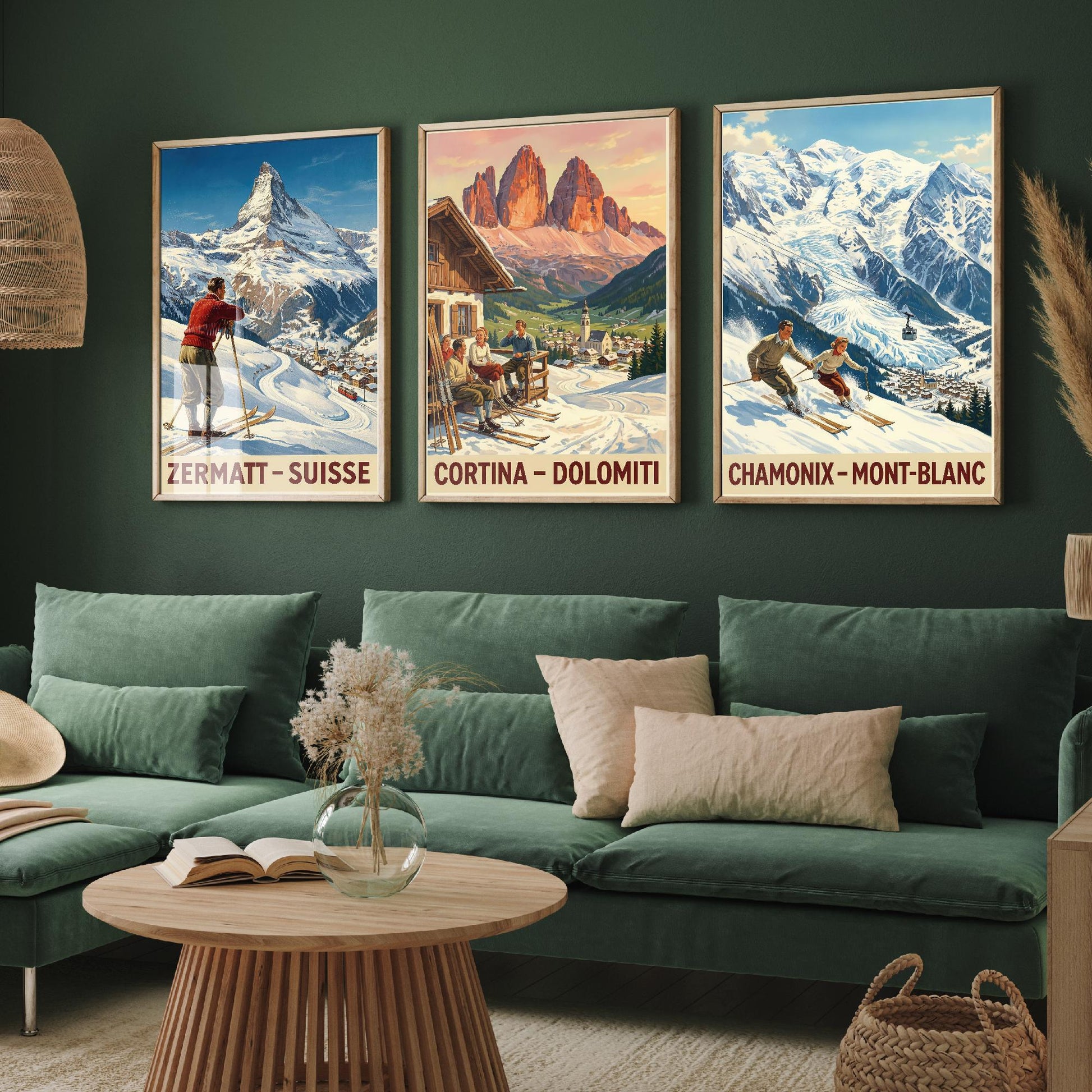 Vintage Alpine Skiing Posters - Zermatt, Cortina D'Ampezzo, Charmonix Art Prints - 3 Winter Painting, Set of Three Ski Gift Mont Blanc