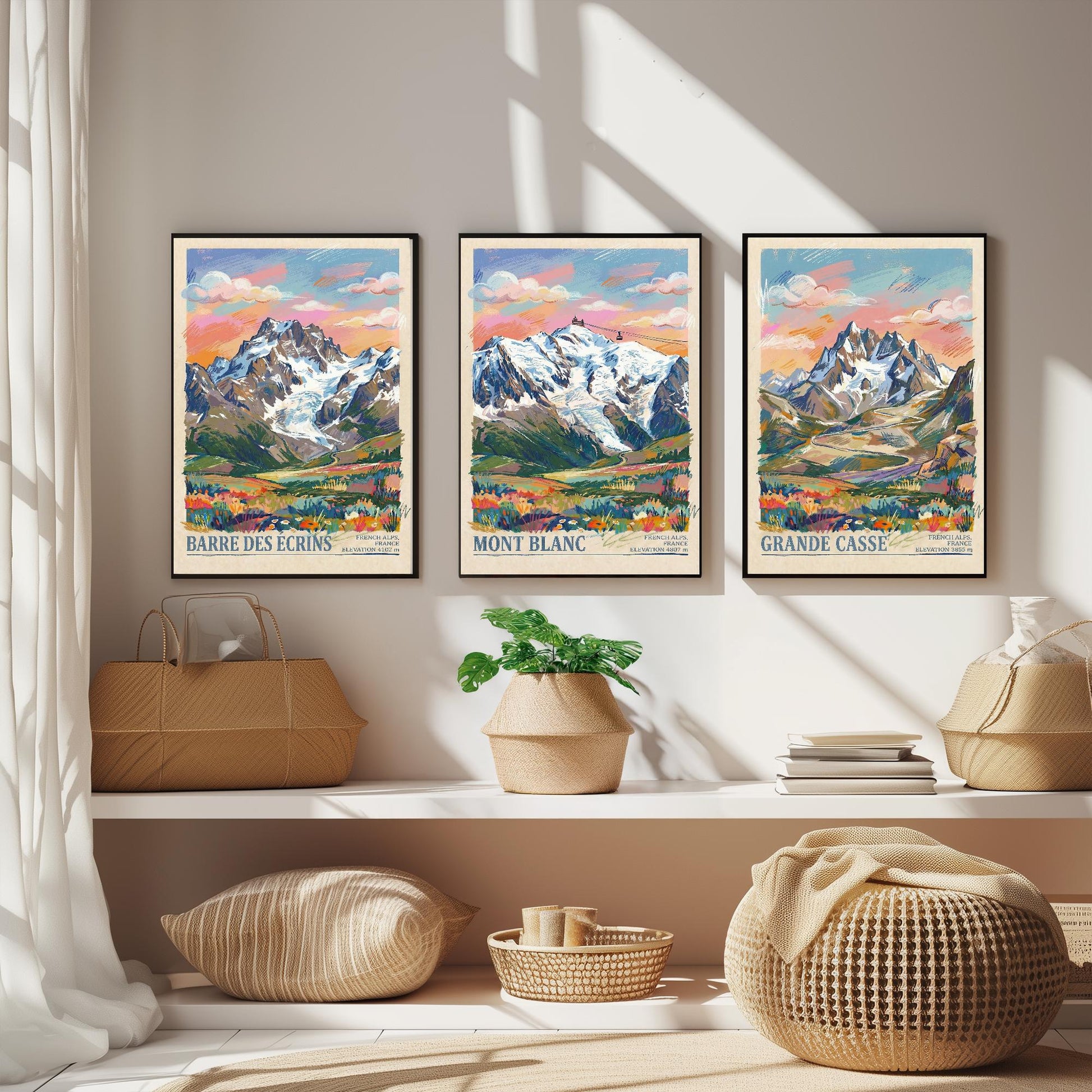 The Three Peaks of France Travel Posters - Barre Des Ecrins, Mont Blanc, Grande Casse - 3 Mountain Art Prints - Painting Illustration Gift