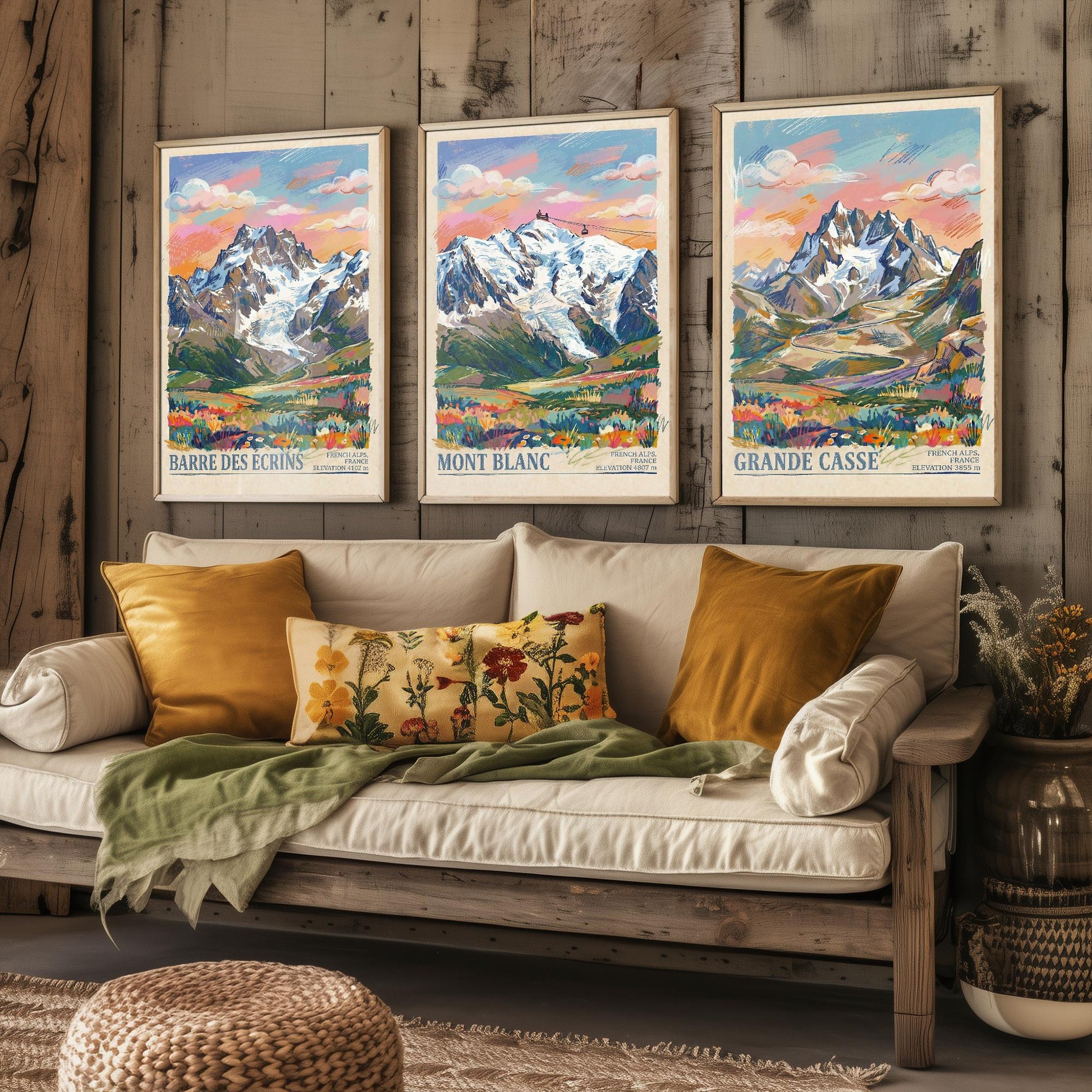 The Three Peaks of France Travel Posters - Barre Des Ecrins, Mont Blanc, Grande Casse - 3 Mountain Art Prints - Painting Illustration Gift