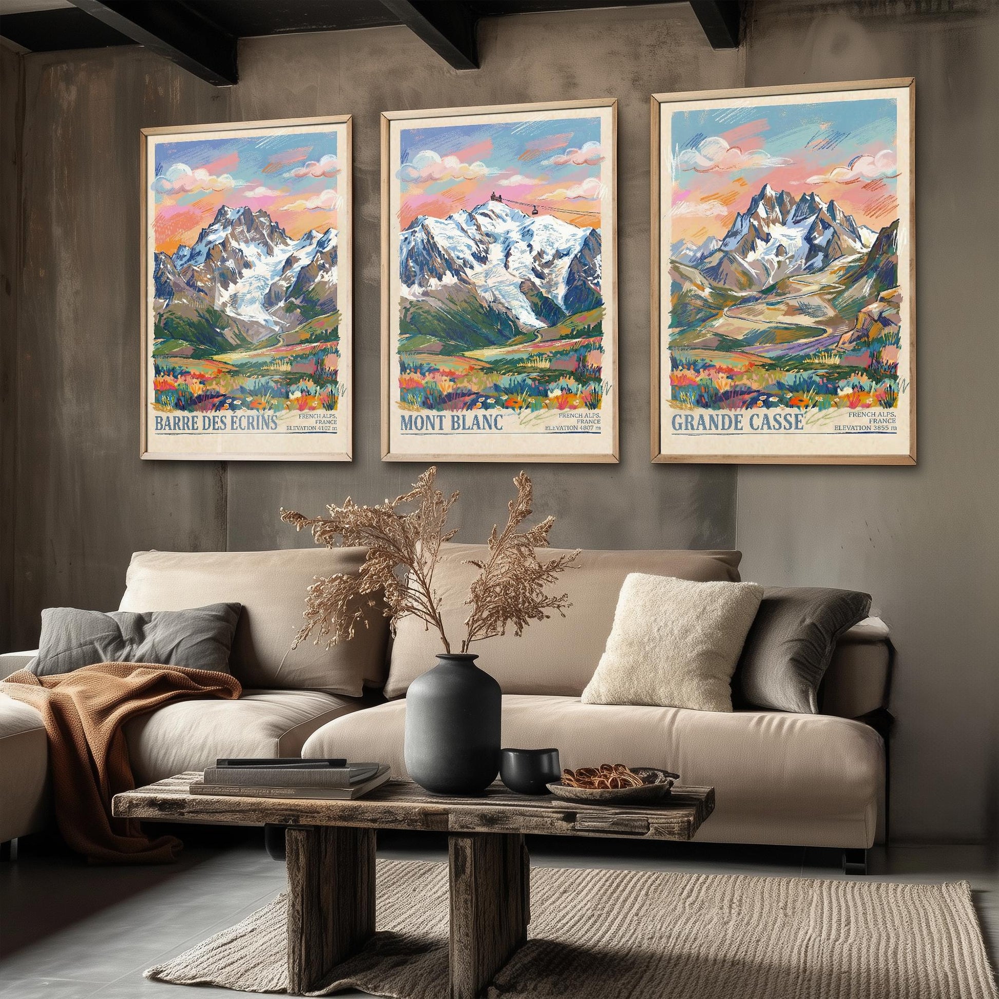 The Three Peaks of France Travel Posters - Barre Des Ecrins, Mont Blanc, Grande Casse - 3 Mountain Art Prints - Painting Illustration Gift