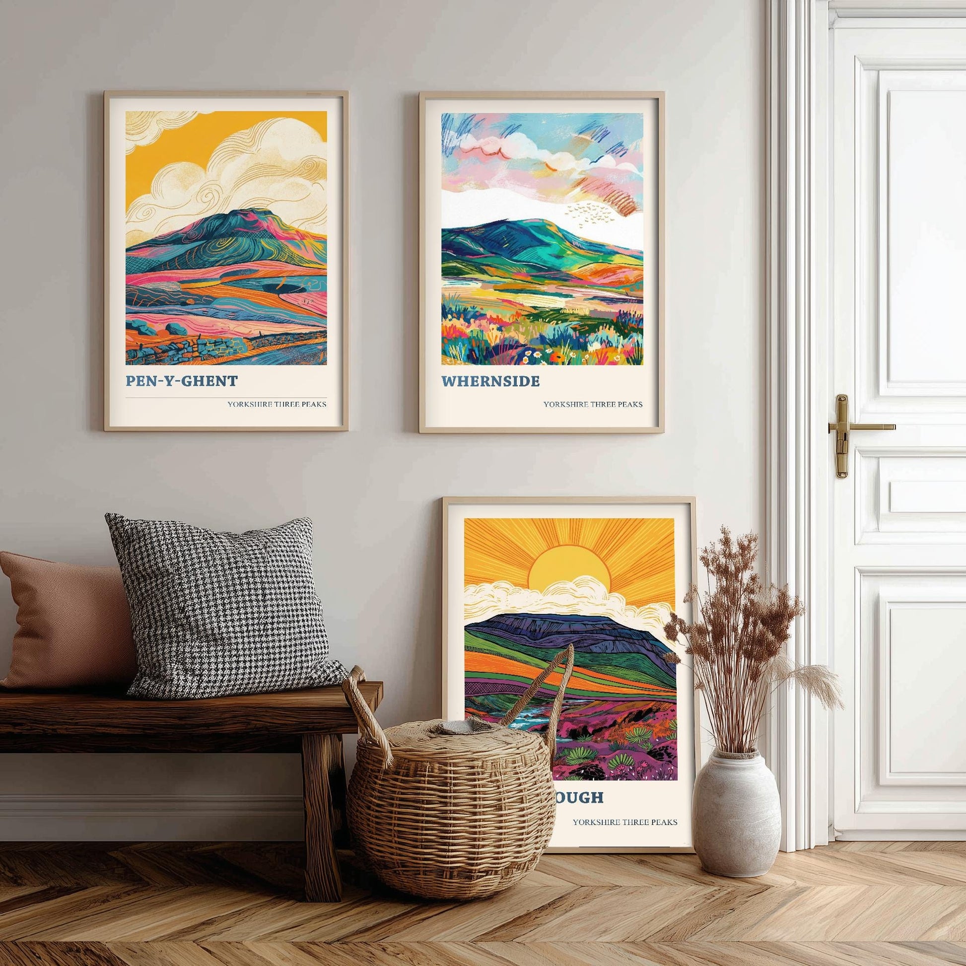 The Yorkshire Three Peaks Challenge - Set of Three Art Print Posters - Ingleborough, Pen-y-Ghent and Whernside - 3 Original Vibrant V2