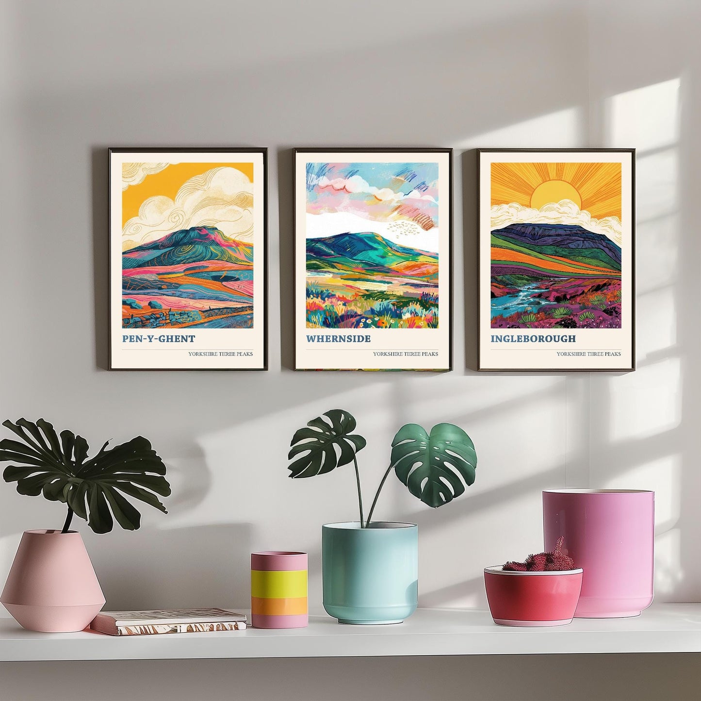 The Yorkshire Three Peaks Challenge - Set of Three Art Print Posters - Ingleborough, Pen-y-Ghent and Whernside - 3 Original Vibrant V2