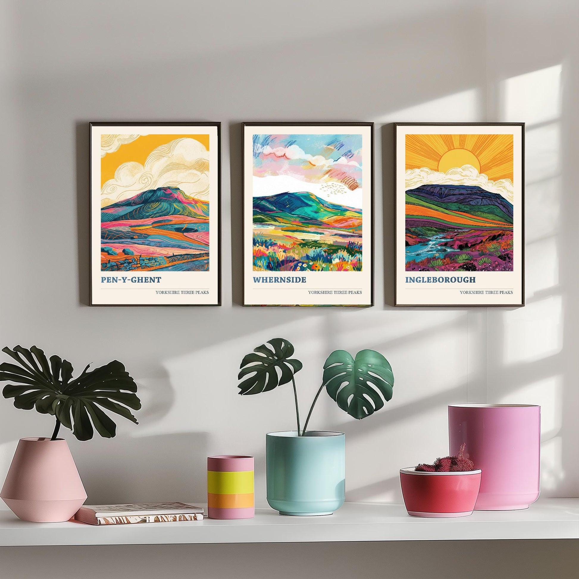 The Yorkshire Three Peaks Challenge - Set of Three Art Print Posters - Ingleborough, Pen-y-Ghent and Whernside - 3 Original Vibrant V2