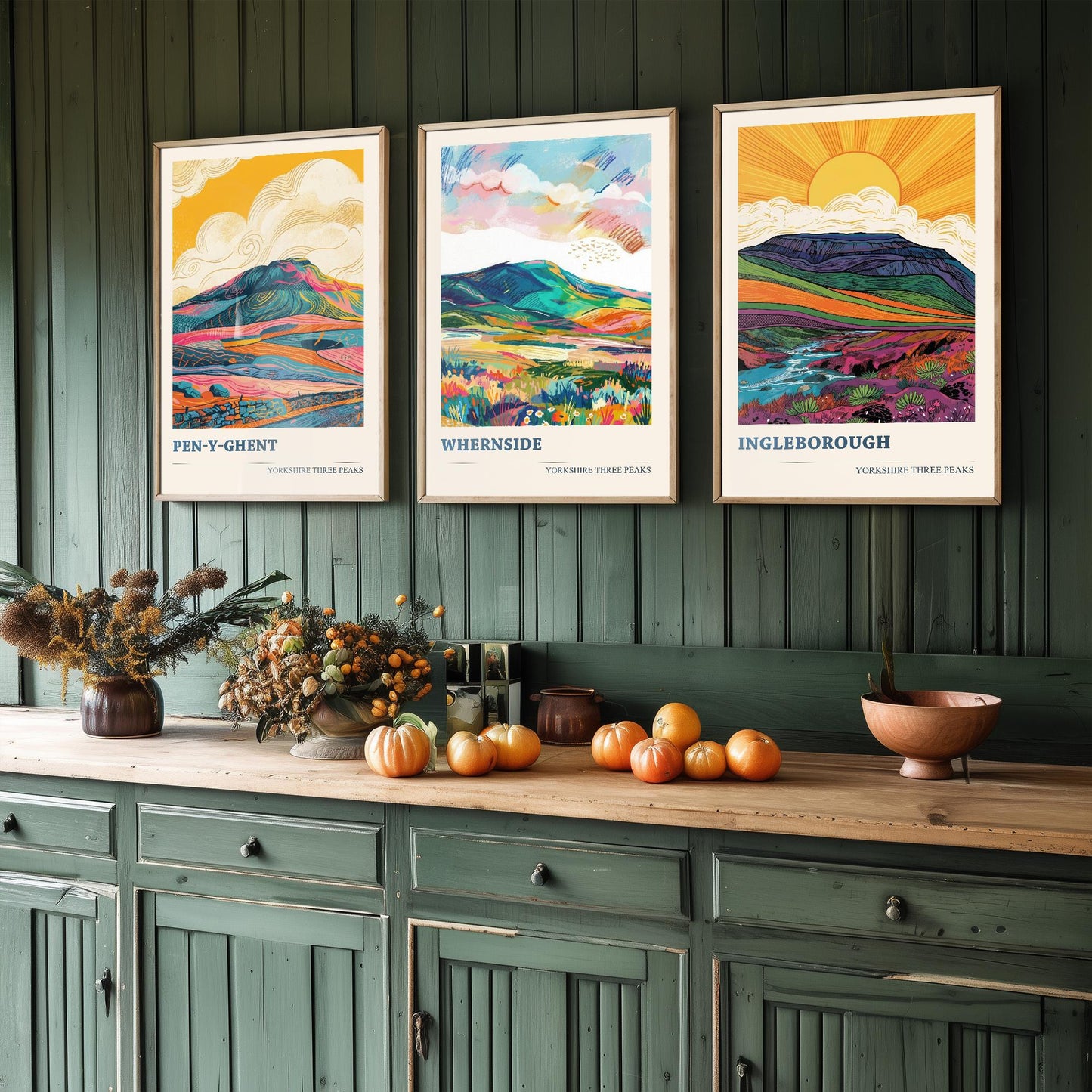 The Yorkshire Three Peaks Challenge - Set of Three Art Print Posters - Ingleborough, Pen-y-Ghent and Whernside - 3 Original Vibrant V2