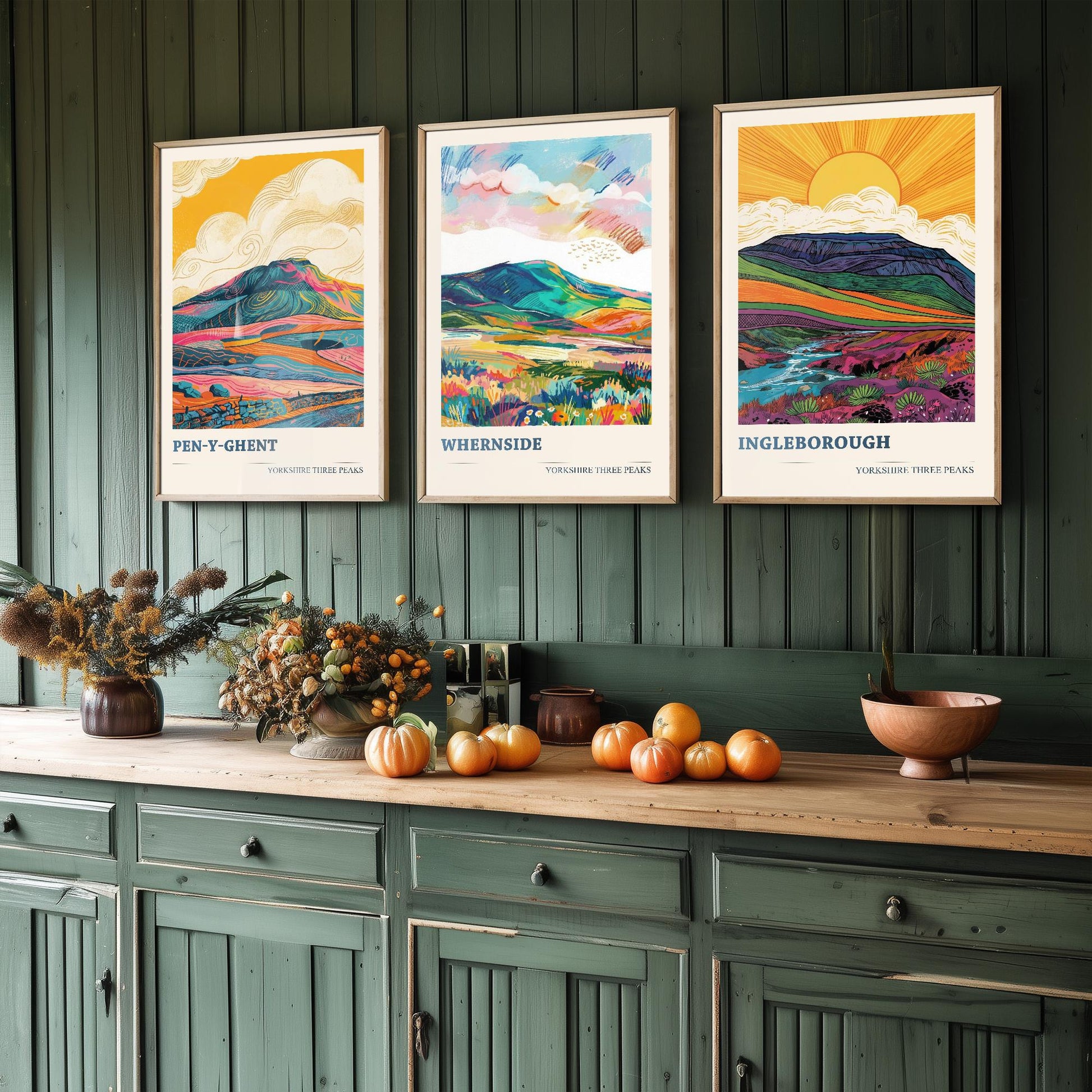 The Yorkshire Three Peaks Challenge - Set of Three Art Print Posters - Ingleborough, Pen-y-Ghent and Whernside - 3 Original Vibrant V2