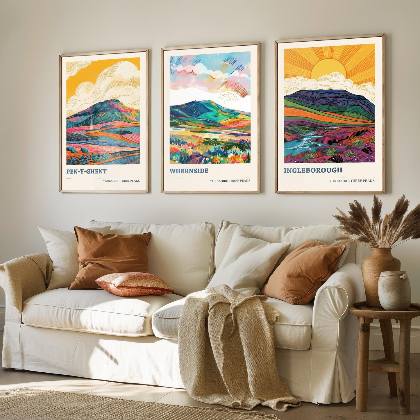 The Yorkshire Three Peaks Challenge - Set of Three Art Print Posters - Ingleborough, Pen-y-Ghent and Whernside - 3 Original Vibrant V2