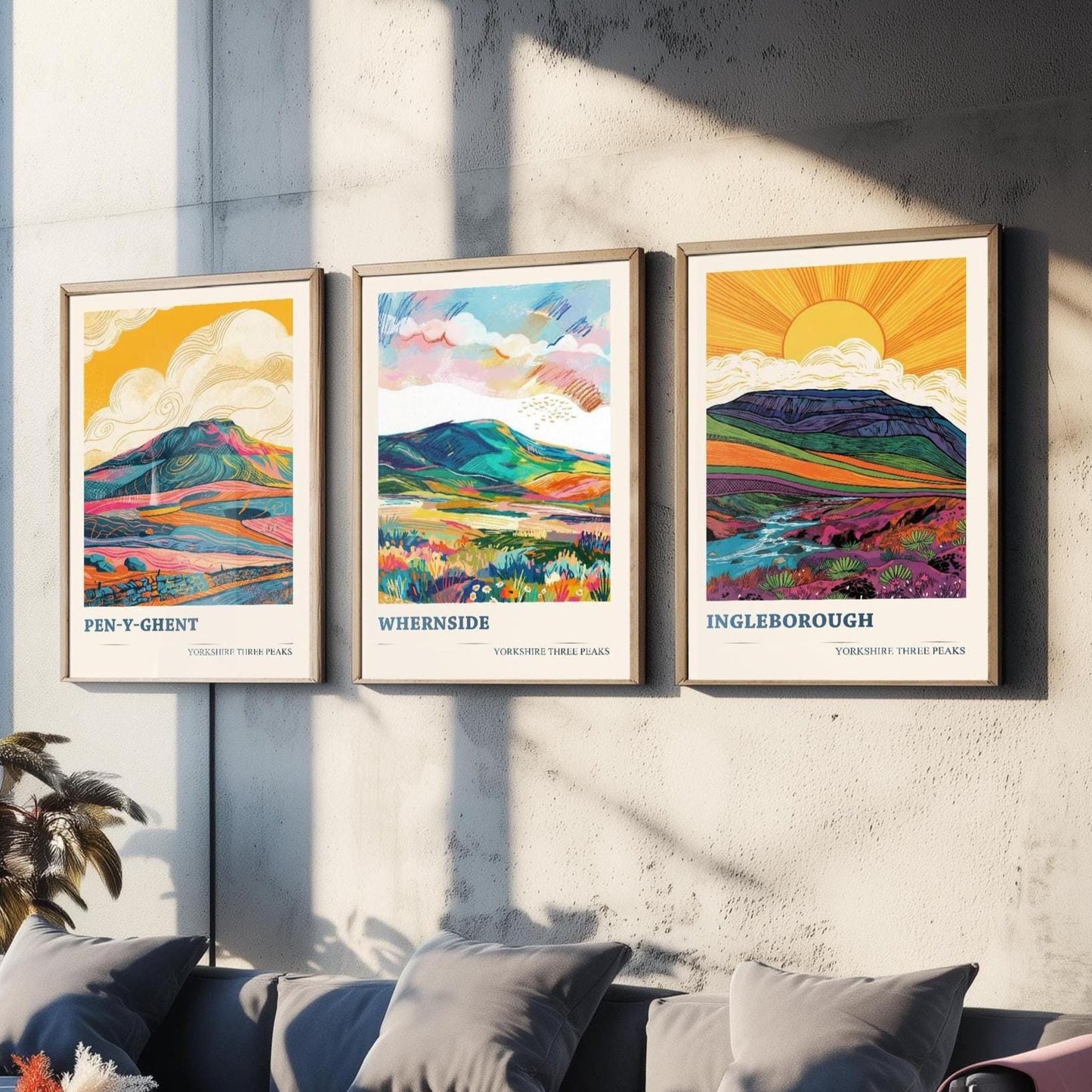 The Yorkshire Three Peaks Challenge - Set of Three Art Print Posters - Ingleborough, Pen-y-Ghent and Whernside - 3 Original Vibrant V2