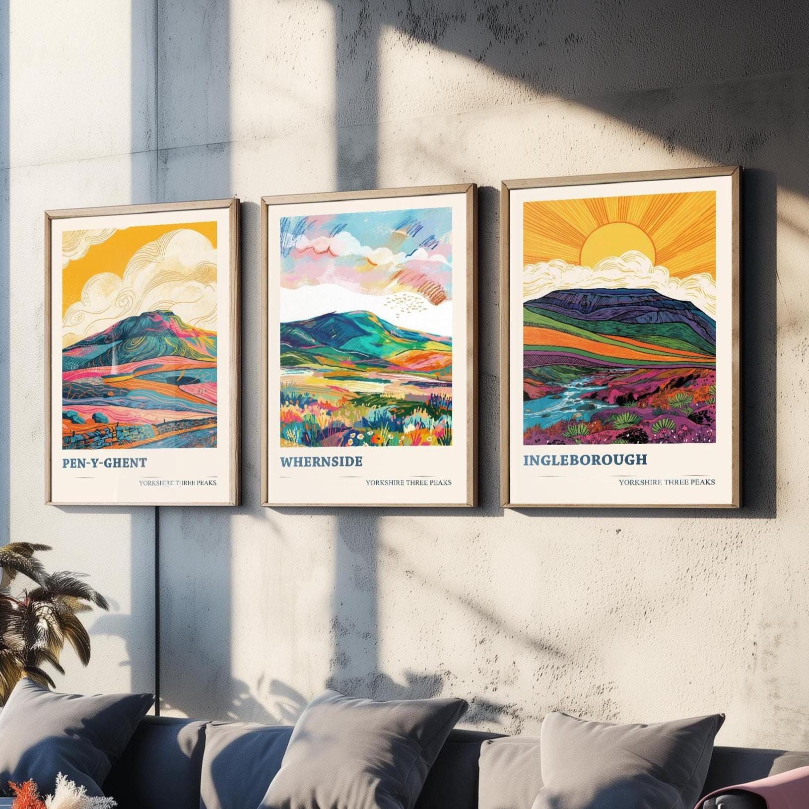 The Yorkshire Three Peaks Challenge - Set of Three Art Print Posters - Ingleborough, Pen-y-Ghent and Whernside - 3 Original Vibrant V2