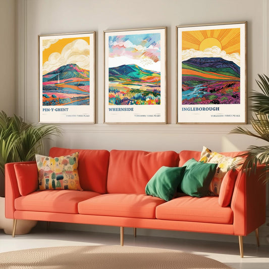 The Yorkshire Three Peaks Challenge - Set of Three Art Print Posters - Ingleborough, Pen-y-Ghent and Whernside - 3 Original Vibrant V2
