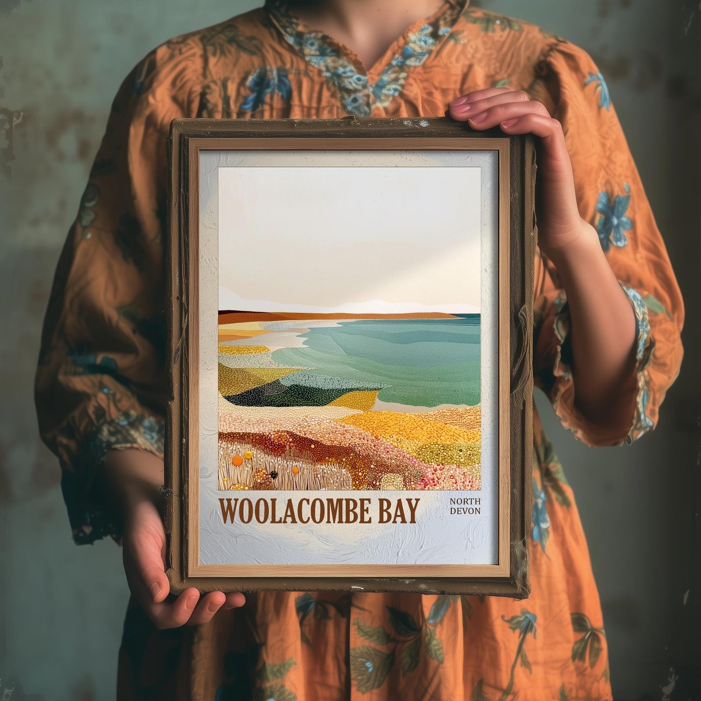 Woolacombe Bay North Devon Landmark Art Print Poster - Painting Photo Layers of Foil