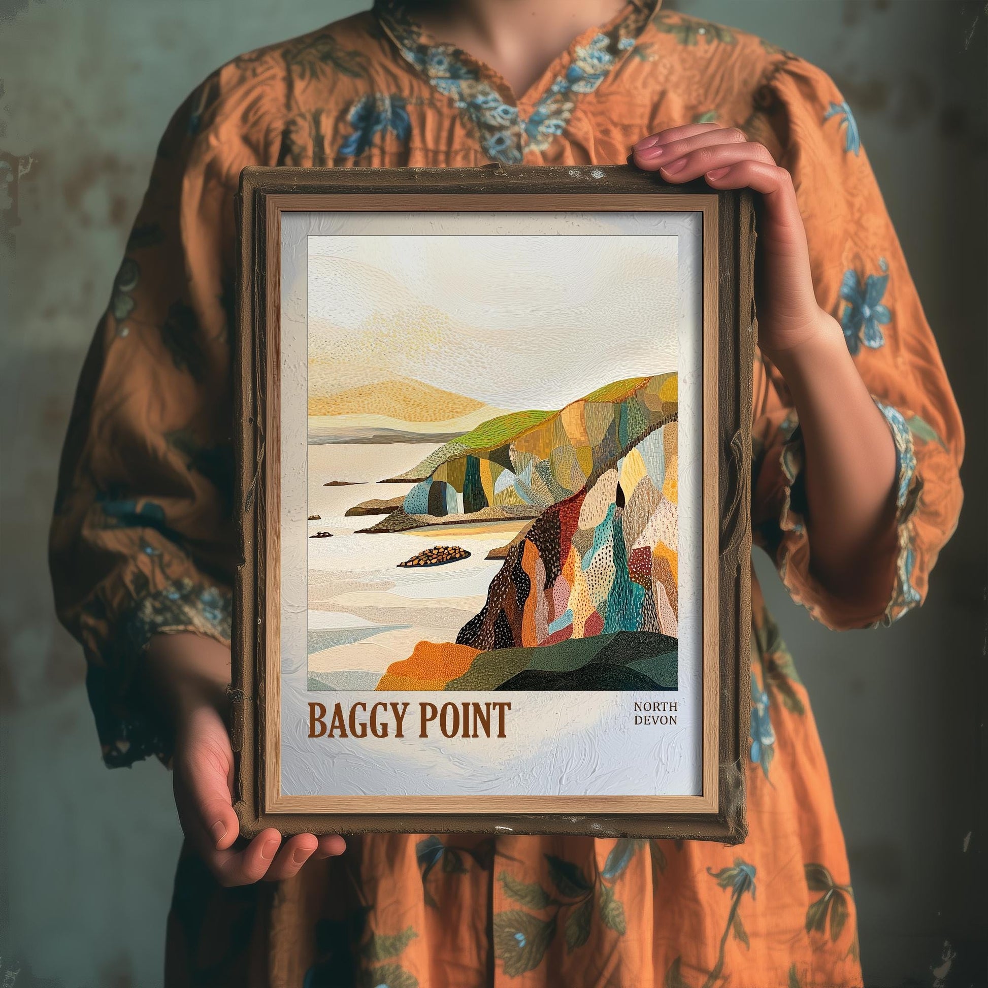 Baggy Point North Devon Landmark Art Print Poster - Painting Photo Layers of Foil