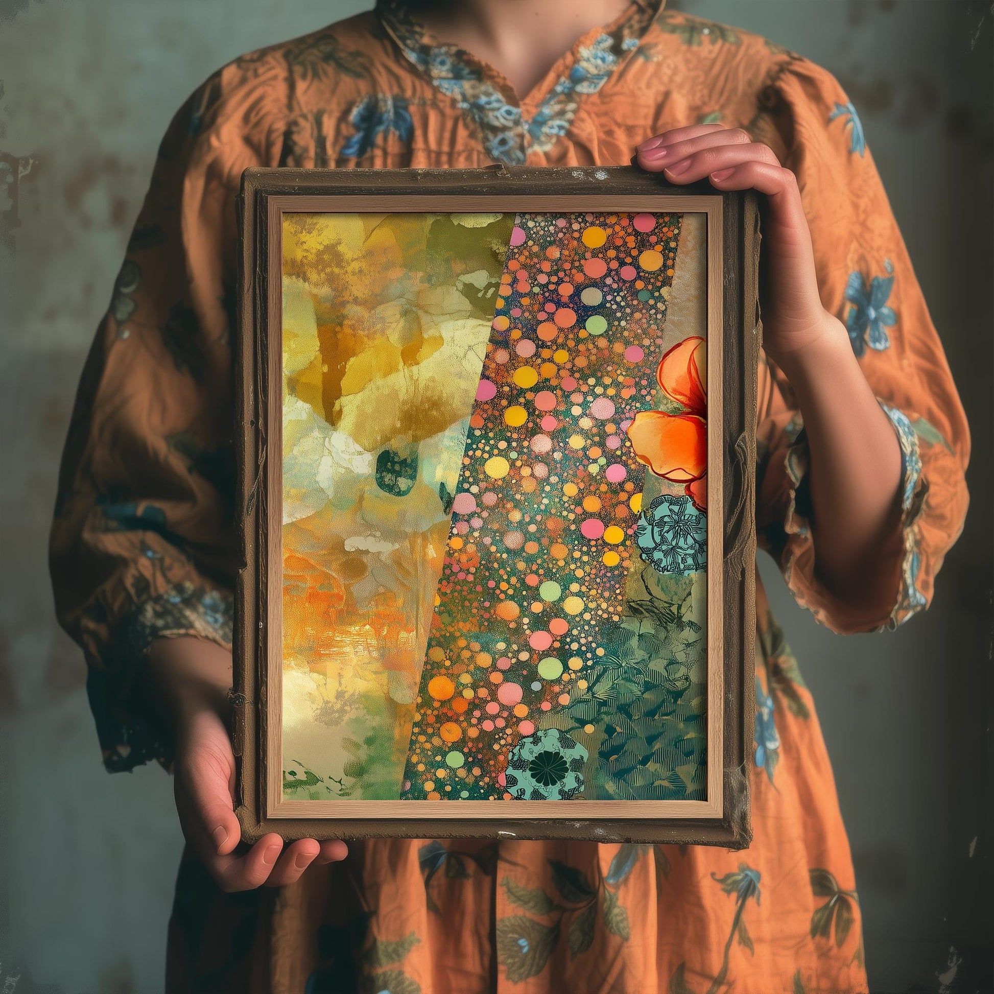 Orange Flower Collage V1 Art Print - Floral Bouquet Orange Yellow Painting - Photo Poster Wall Gift Giclée 1/3