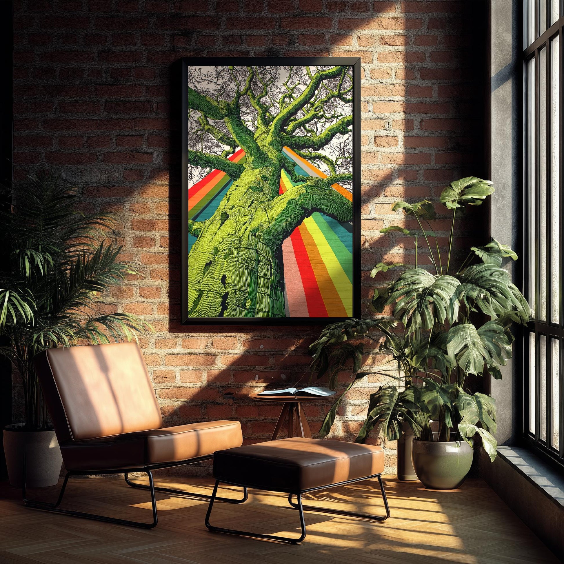 Organic Winding Tree Art Print V2 - Colourful Bright Vintage Poster - Forest Nature Abstract Rainbow Pink 1/3