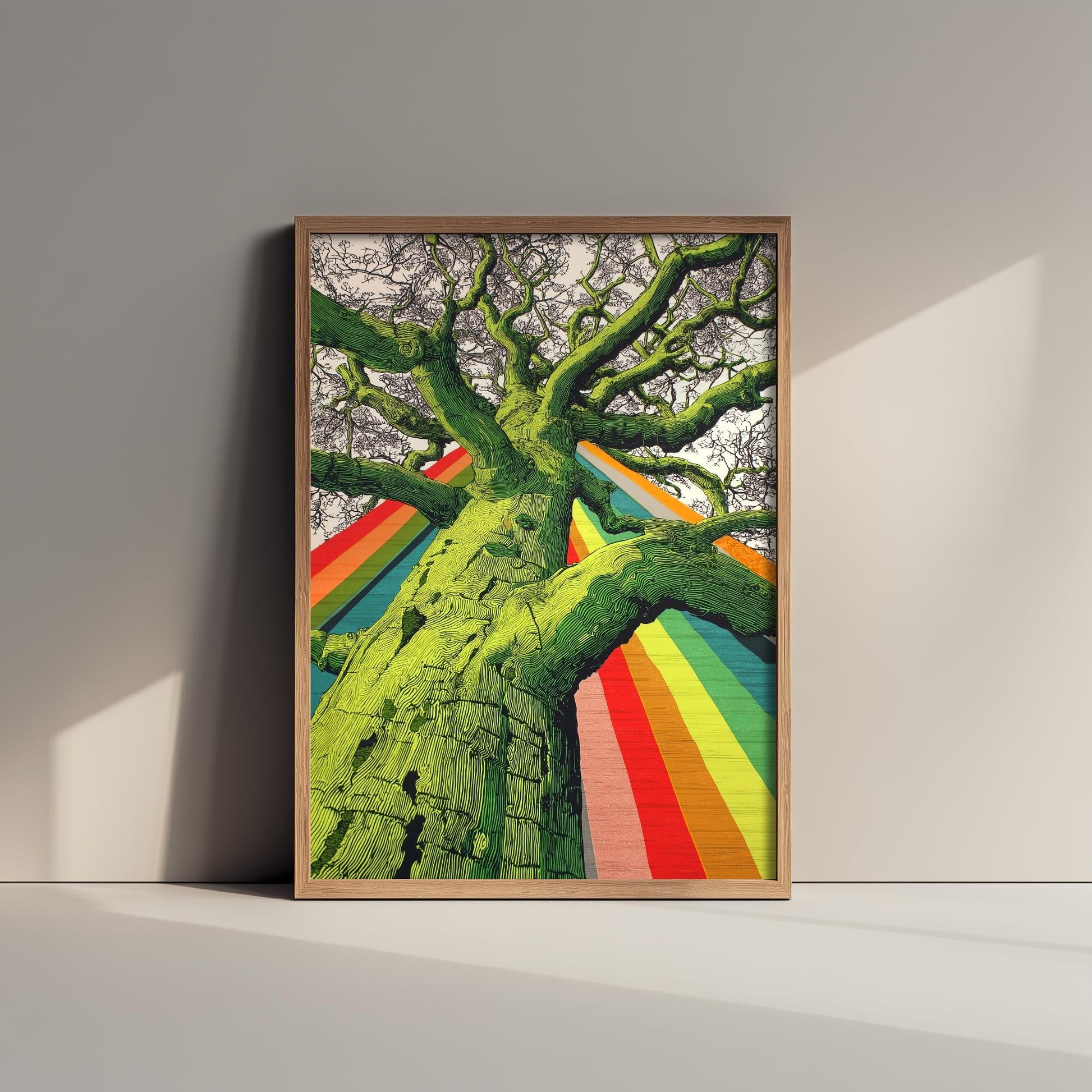 Organic Winding Tree Art Print V2 - Colourful Bright Vintage Poster - Forest Nature Abstract Rainbow Pink 1/3
