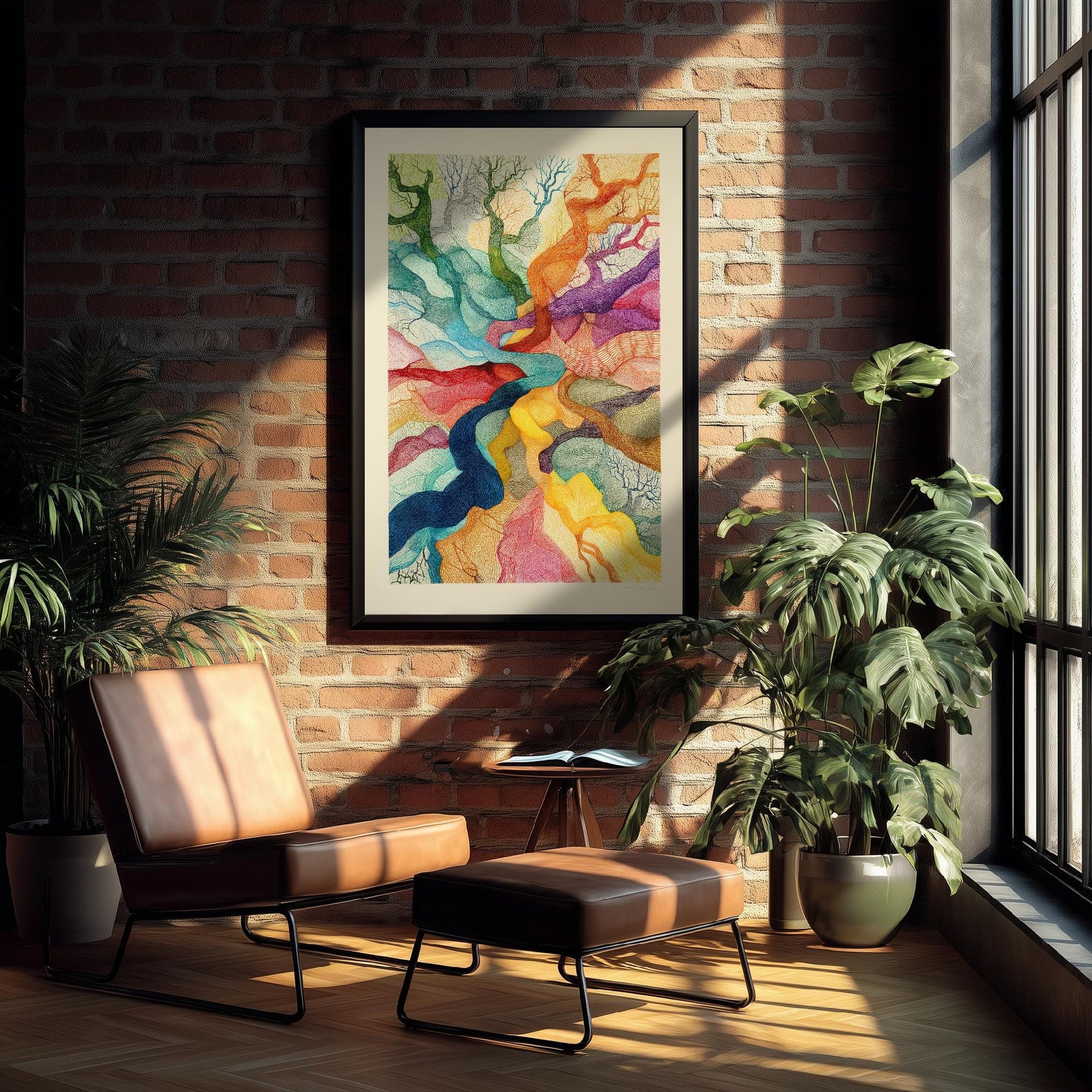 Organic Winding Tree Art Print V3 - Colourful Bright Vintage Poster - Forest Nature Abstract Rainbow Pink 3/3