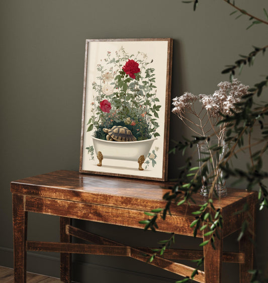 Tortoise in Ornate Bathtub Art Print - Water Animals Poster - Painting Illustration Gift