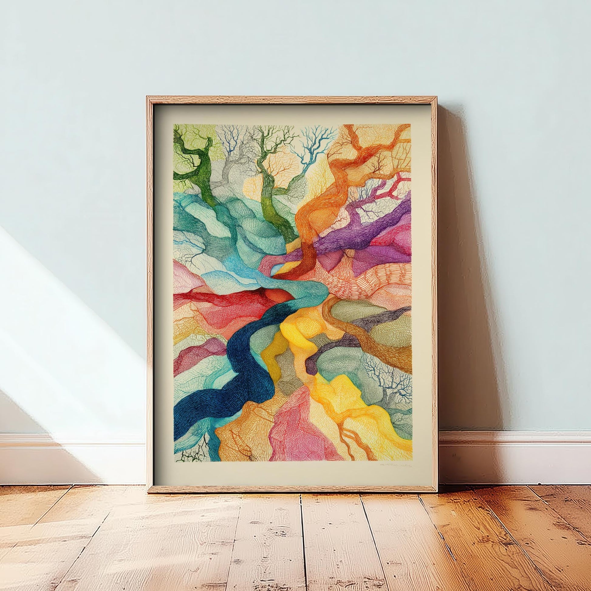 Organic Winding Tree Art Print V3 - Colourful Bright Vintage Poster - Forest Nature Abstract Rainbow Pink 3/3