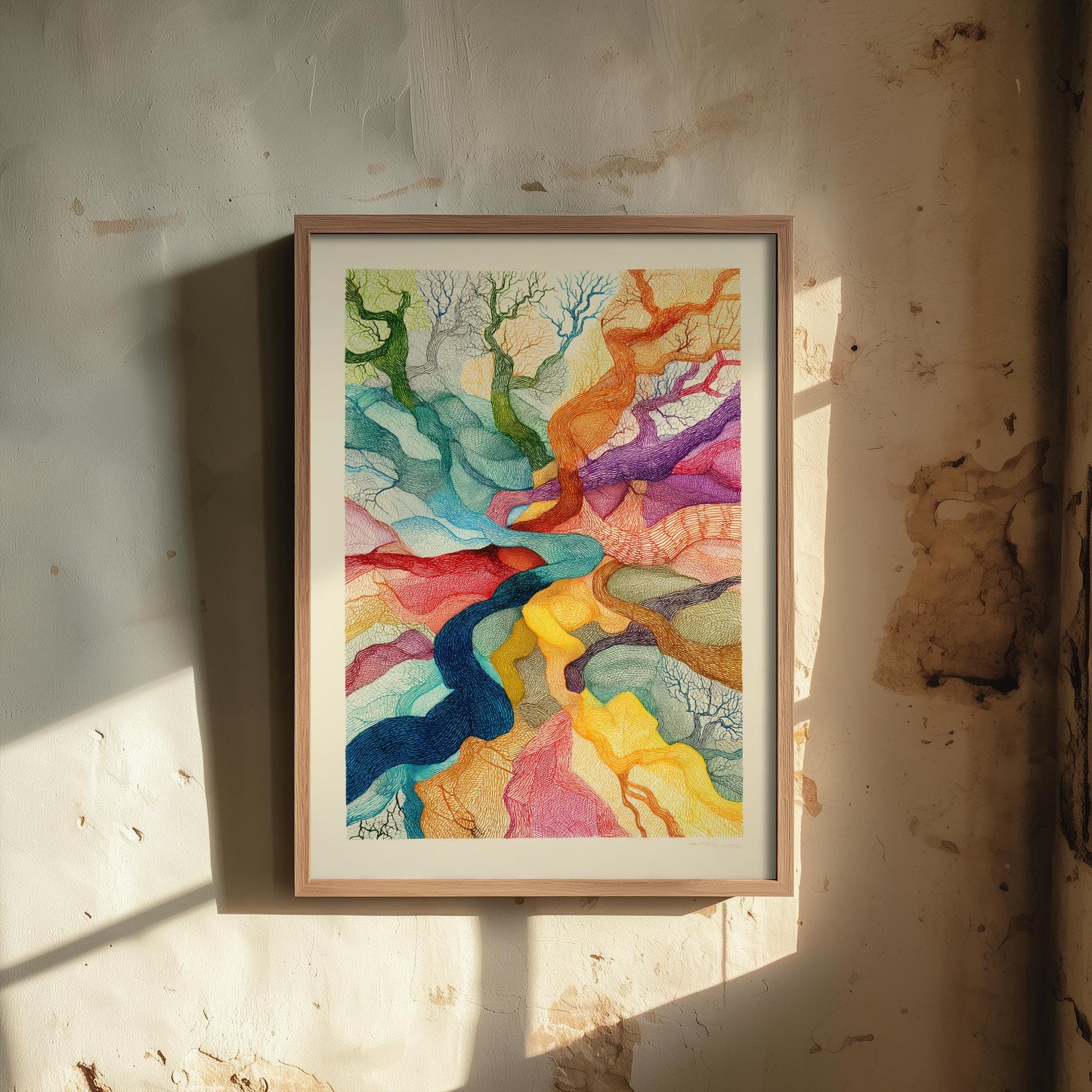 Organic Winding Tree Art Print V3 - Colourful Bright Vintage Poster - Forest Nature Abstract Rainbow Pink 3/3