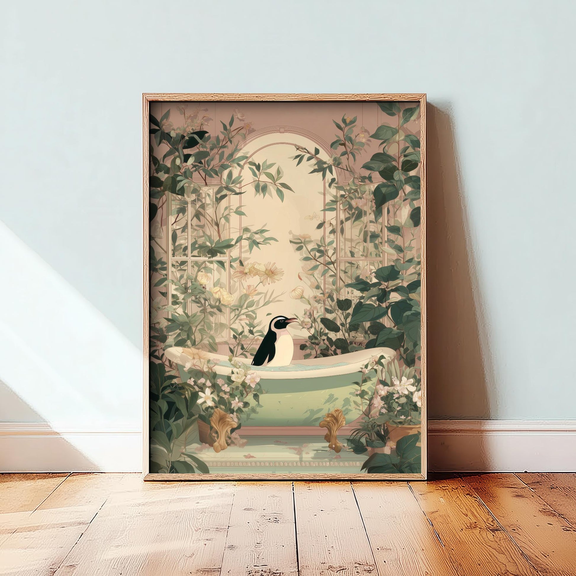 Penguin in Ornate Bathtub Art Print - Water Animals Poster - Painting Illustration Turtle Gift