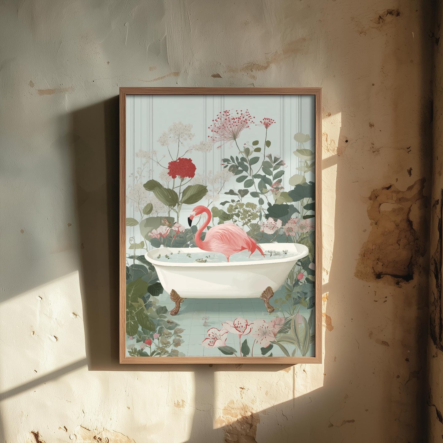 Flamingo in Ornate Bathtub Art Print - Water Animals Poster - Painting Illustration Turtle Gift