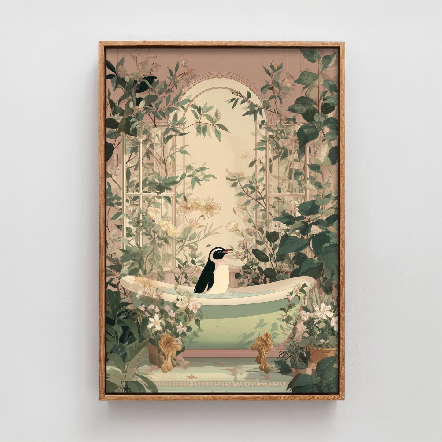 Penguin in Ornate Bathtub Art Print - Water Animals Poster - Painting Illustration Turtle Gift