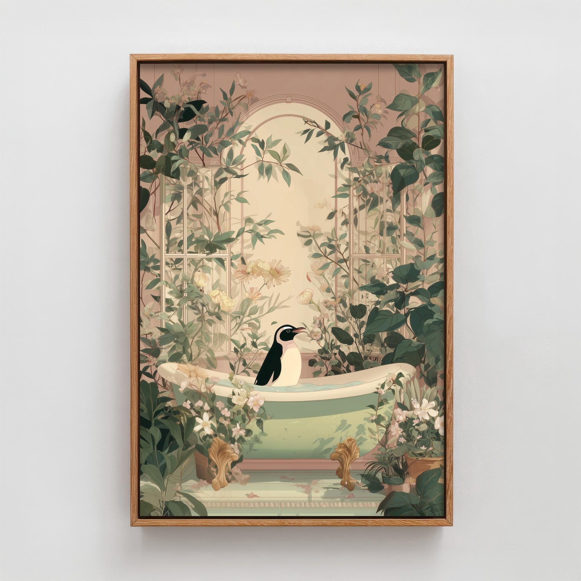 Penguin in Ornate Bathtub Art Print - Water Animals Poster - Painting Illustration Turtle Gift