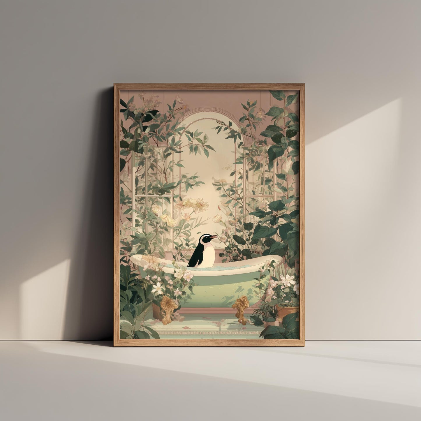 Penguin in Ornate Bathtub Art Print - Water Animals Poster - Painting Illustration Turtle Gift