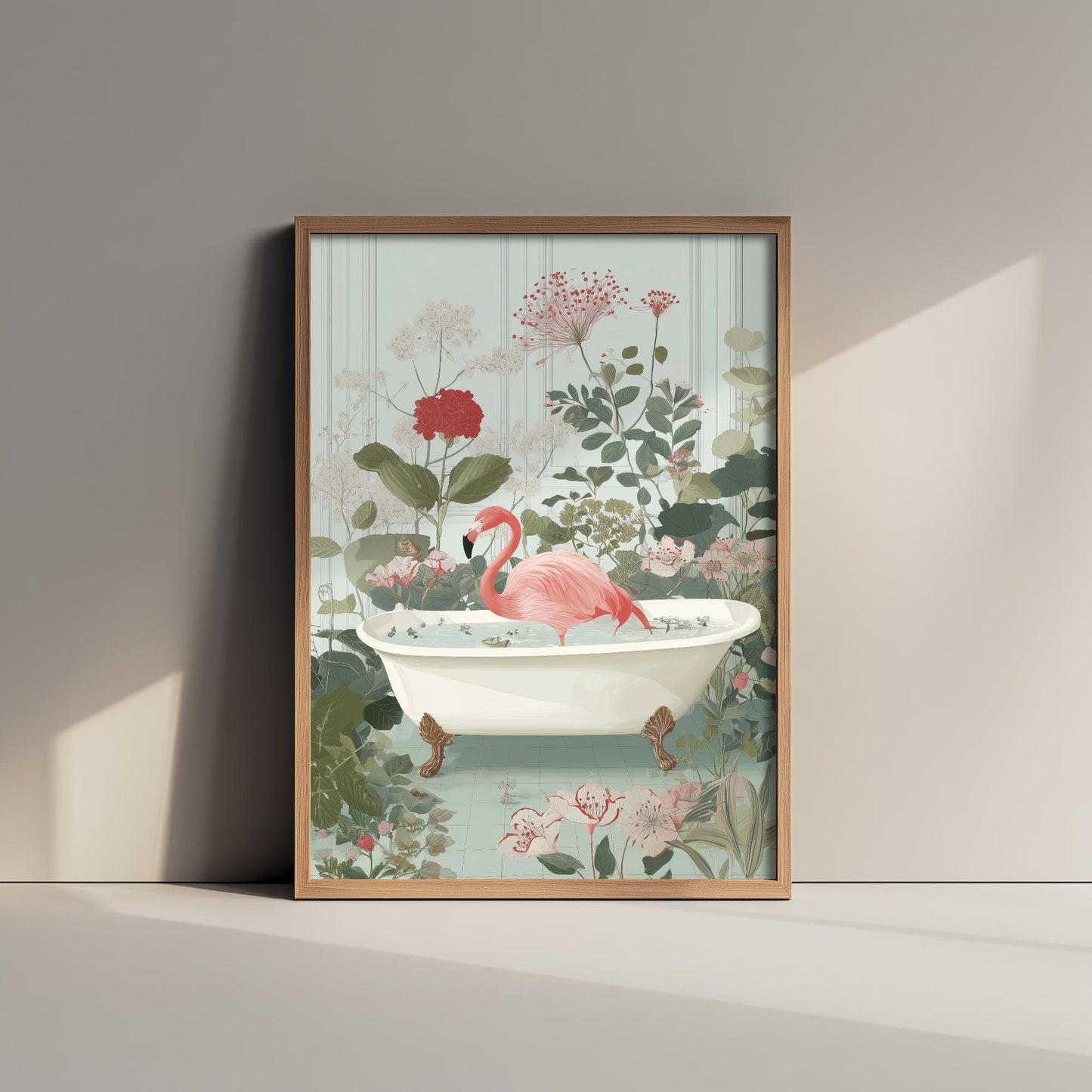 Flamingo in Ornate Bathtub Art Print - Water Animals Poster - Painting Illustration Turtle Gift