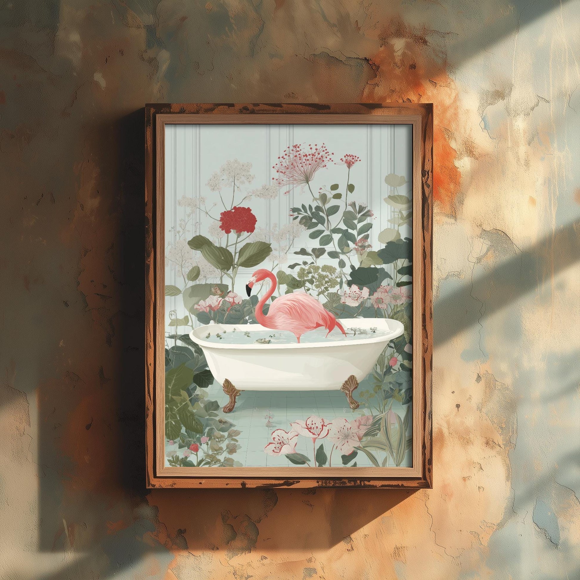 Flamingo in Ornate Bathtub Art Print - Water Animals Poster - Painting Illustration Turtle Gift