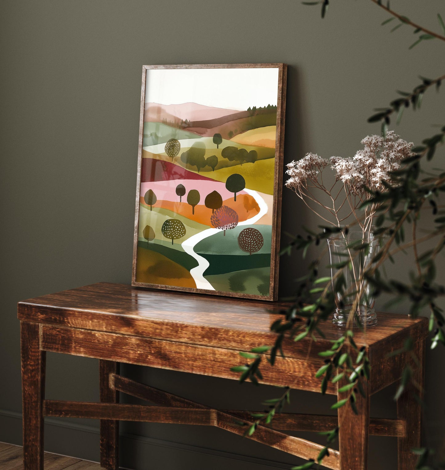 Landscape Illustration in Pink V4 - Abstract Print - Shropshire Hills Painting - Home Décor Wall Giclee 1/3