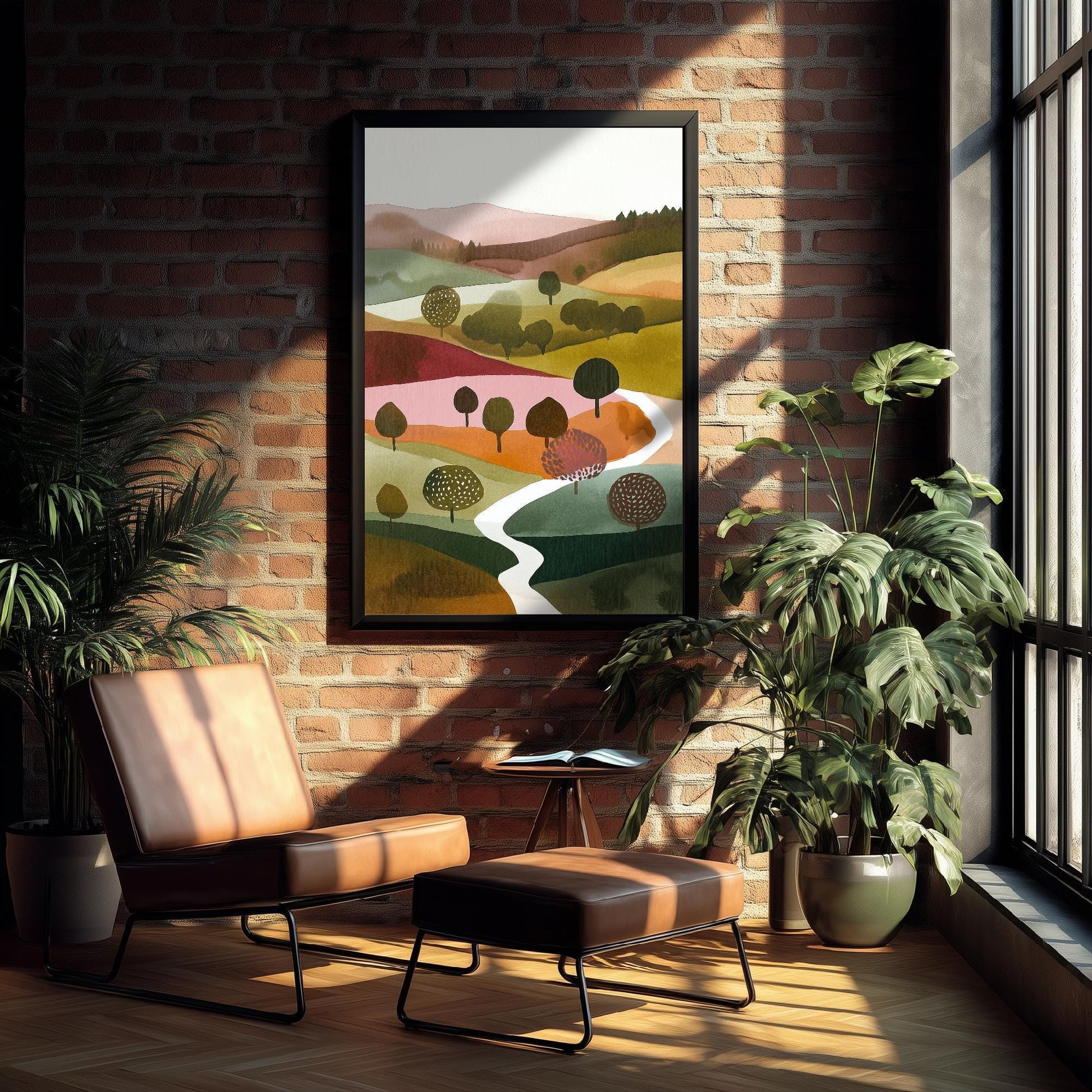 Landscape Illustration in Pink V4 - Abstract Print - Shropshire Hills Painting - Home Décor Wall Giclee 1/3