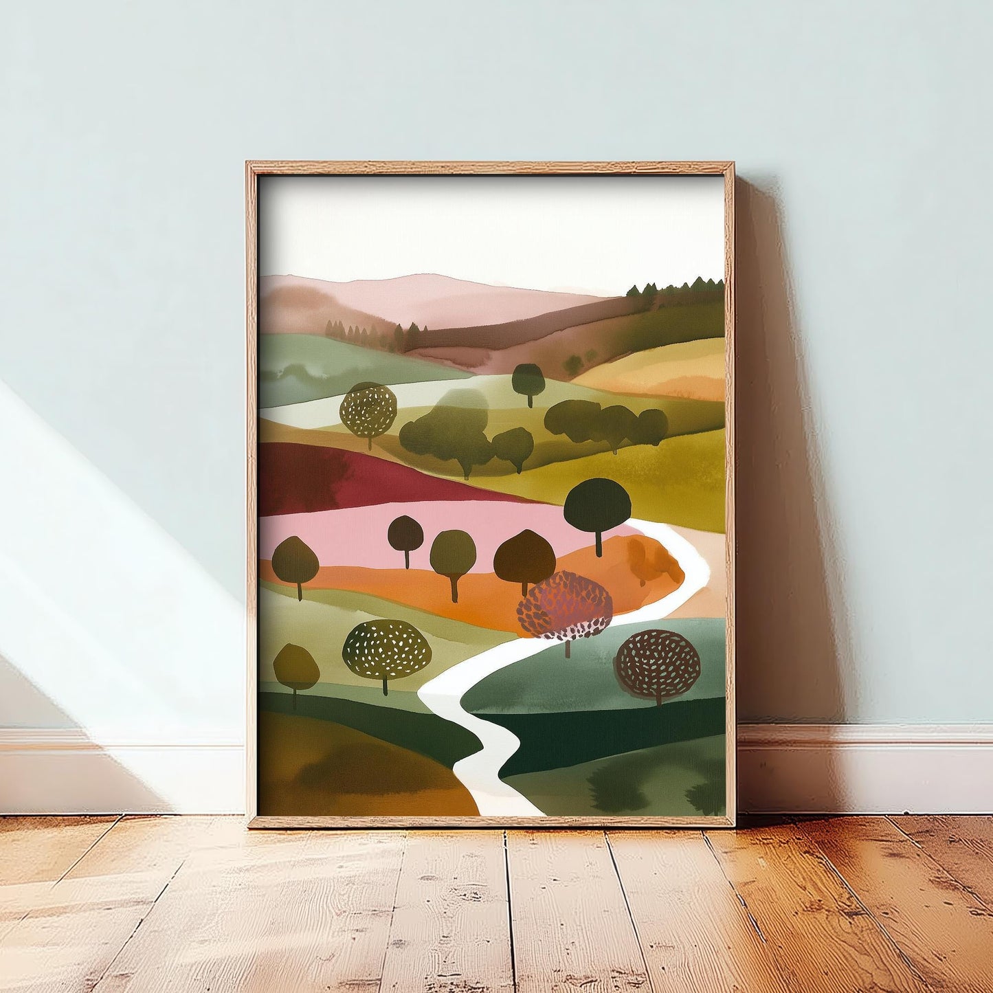 Landscape Illustration in Pink V4 - Abstract Print - Shropshire Hills Painting - Home Décor Wall Giclee 1/3