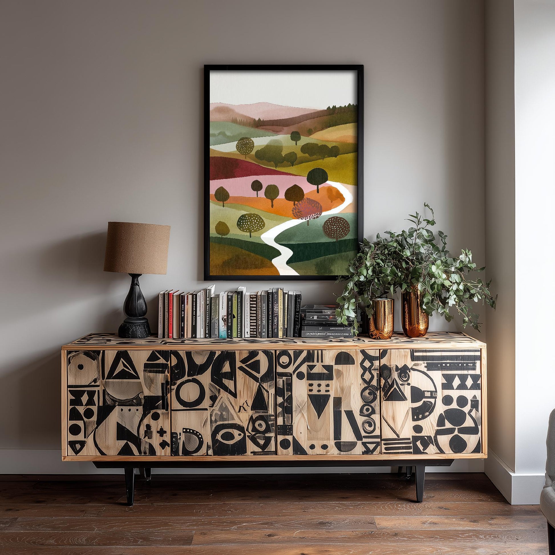 Landscape Illustration in Pink V4 - Abstract Print - Shropshire Hills Painting - Home Décor Wall Giclee 1/3