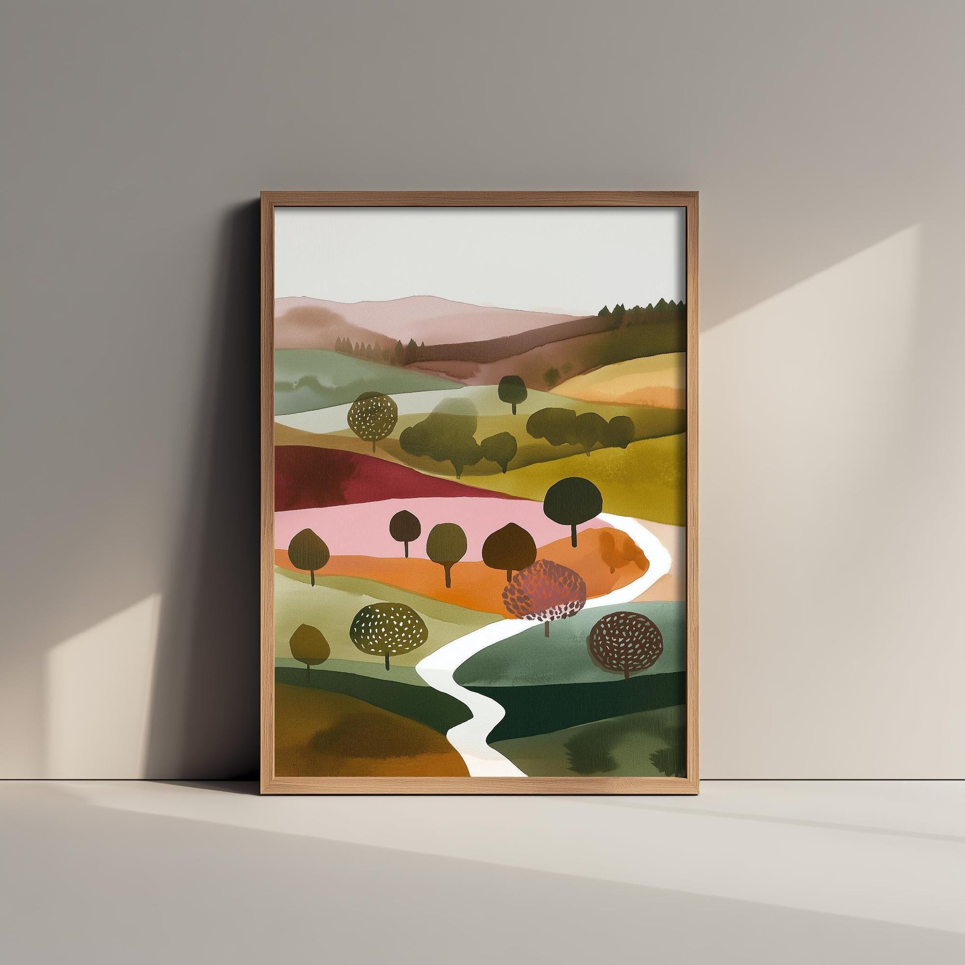Landscape Illustration in Pink V4 - Abstract Print - Shropshire Hills Painting - Home Décor Wall Giclee 1/3