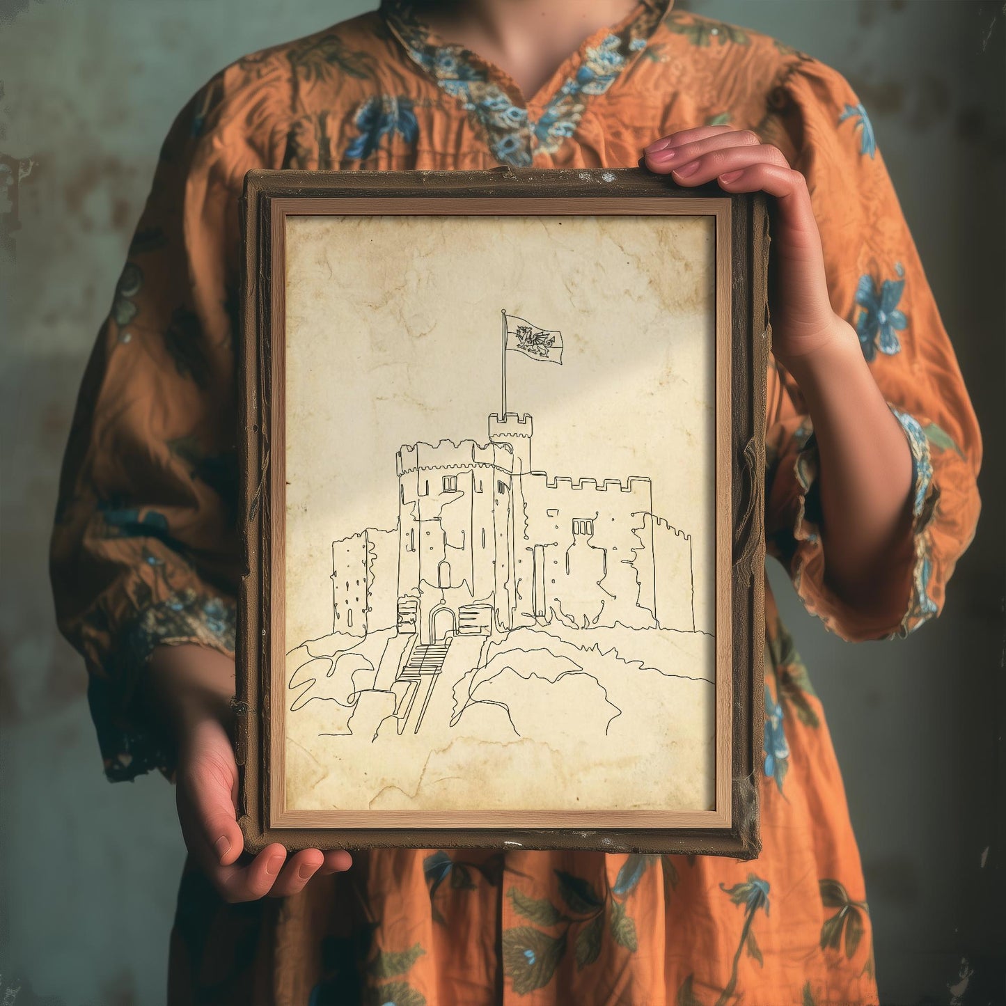 Cardiff Castle Single Line Drawing - Wales Art Print - Poster Grunge Gift Painting