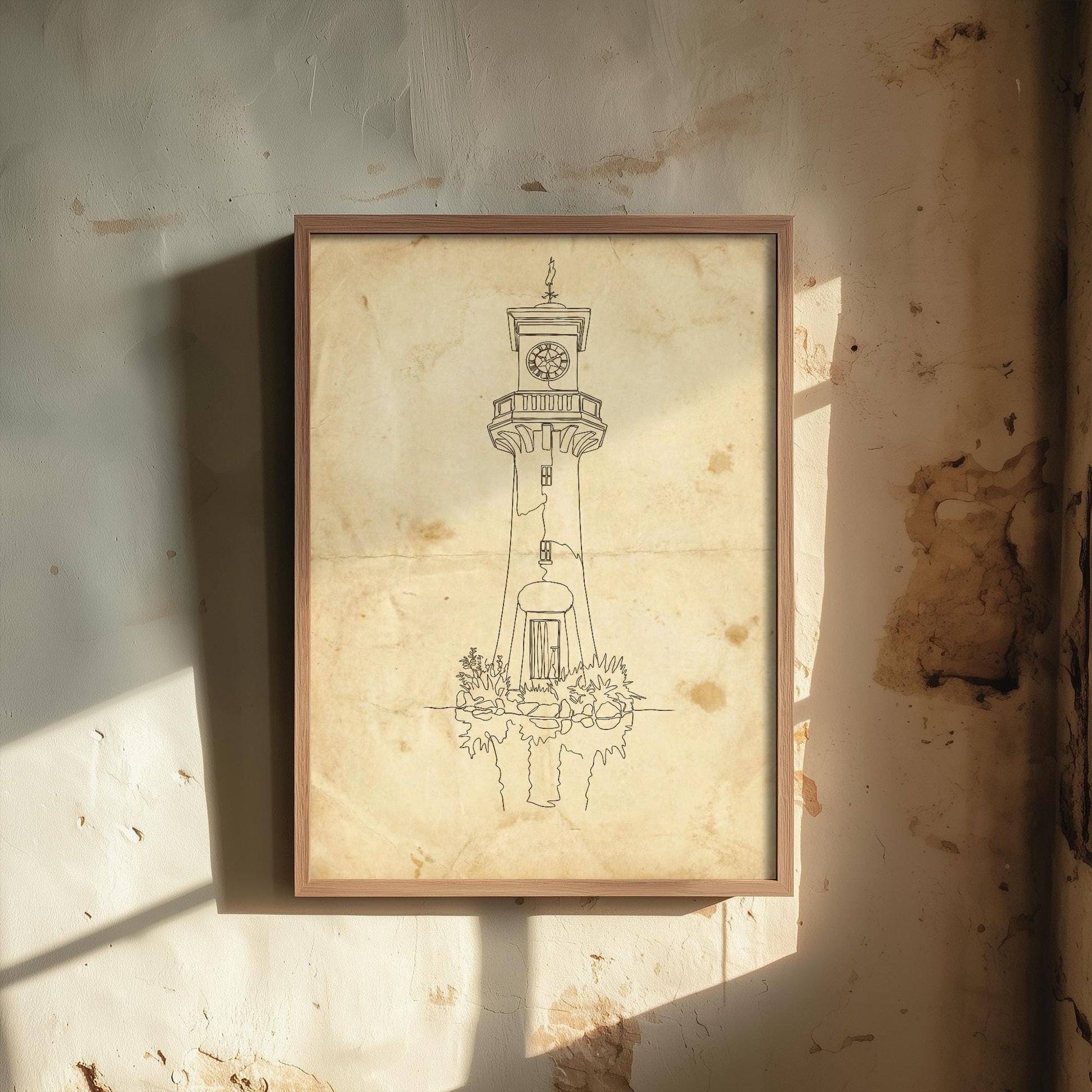 Roath Lighthouse Single Line Drawing - Cardiff Art Print - Scott Memorial Lighthouse Poster Grunge Gift Painting Wales