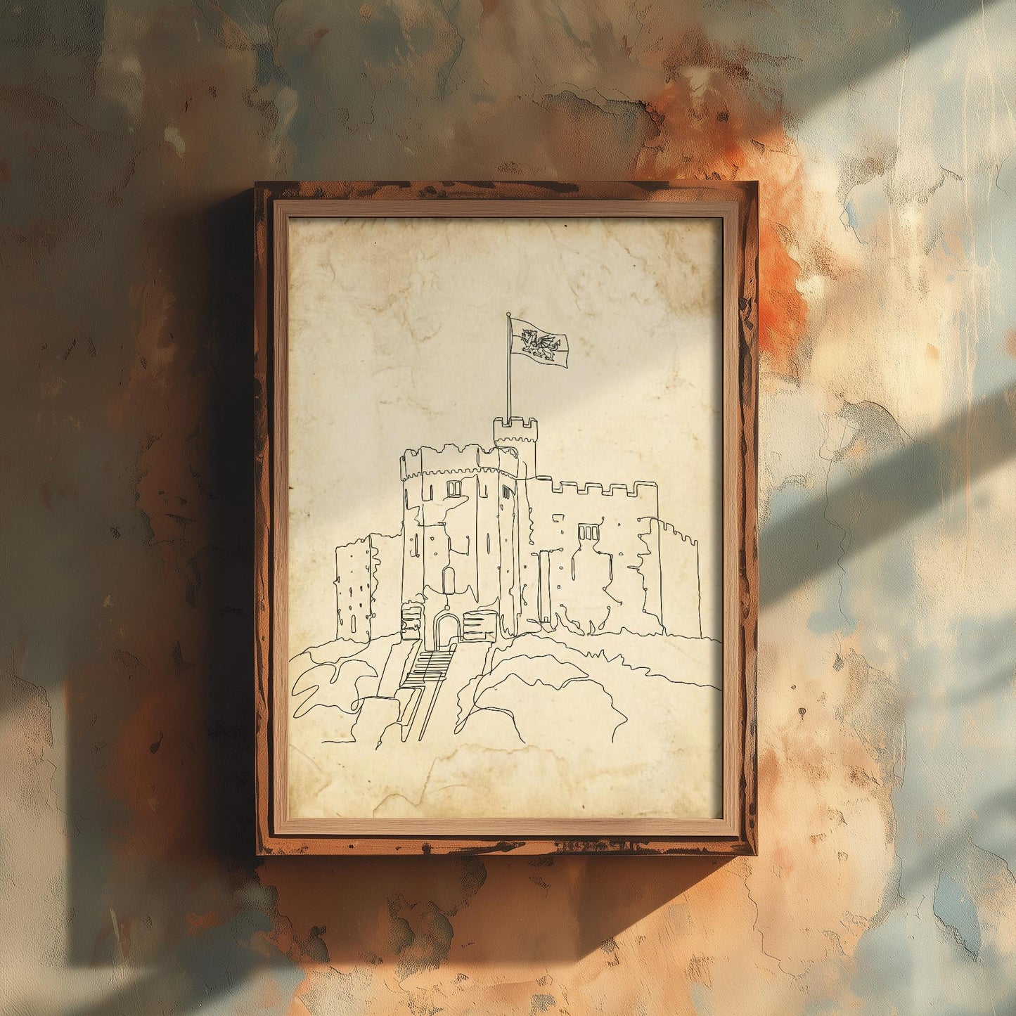 Cardiff Castle Single Line Drawing - Wales Art Print - Poster Grunge Gift Painting