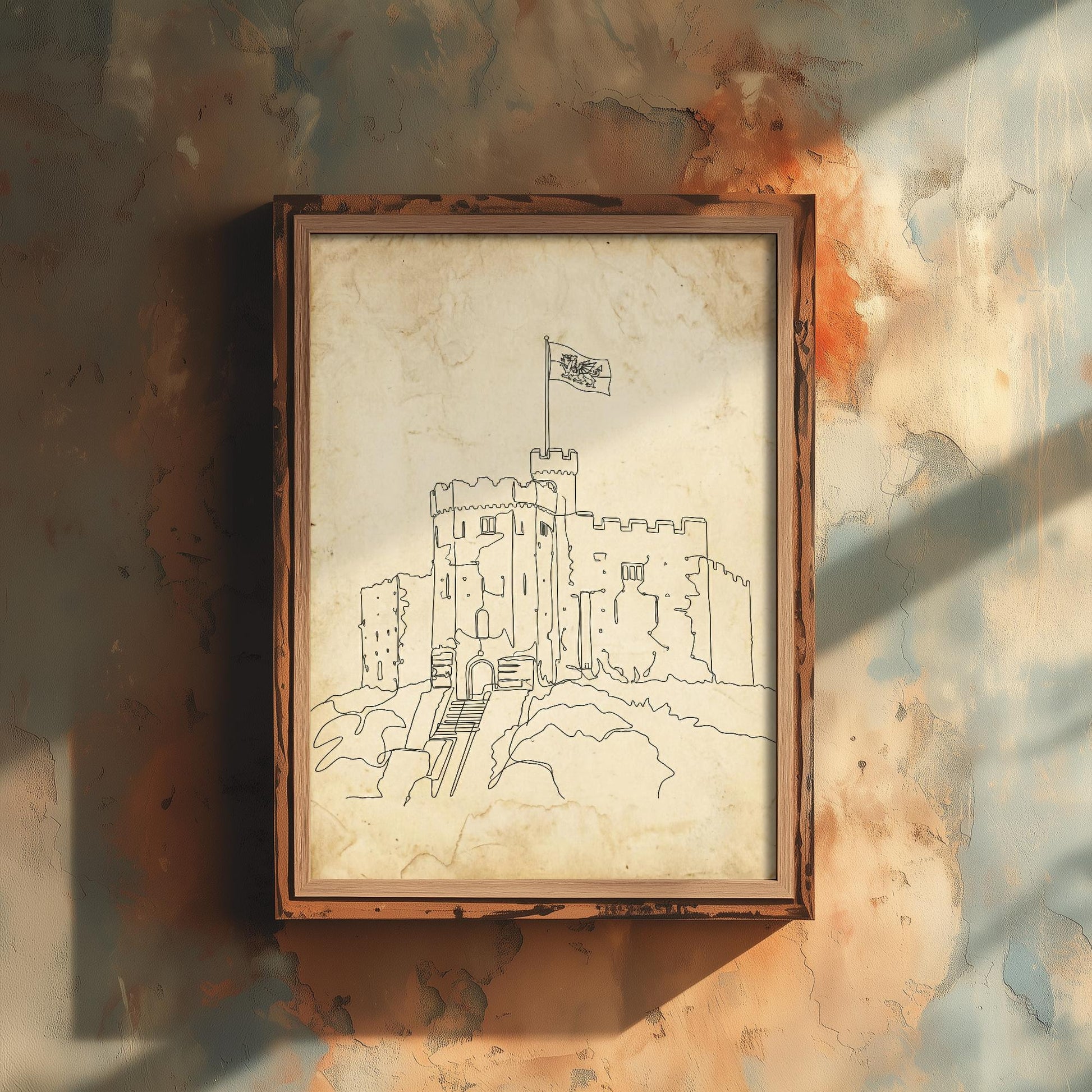 Cardiff Castle Single Line Drawing - Wales Art Print - Poster Grunge Gift Painting